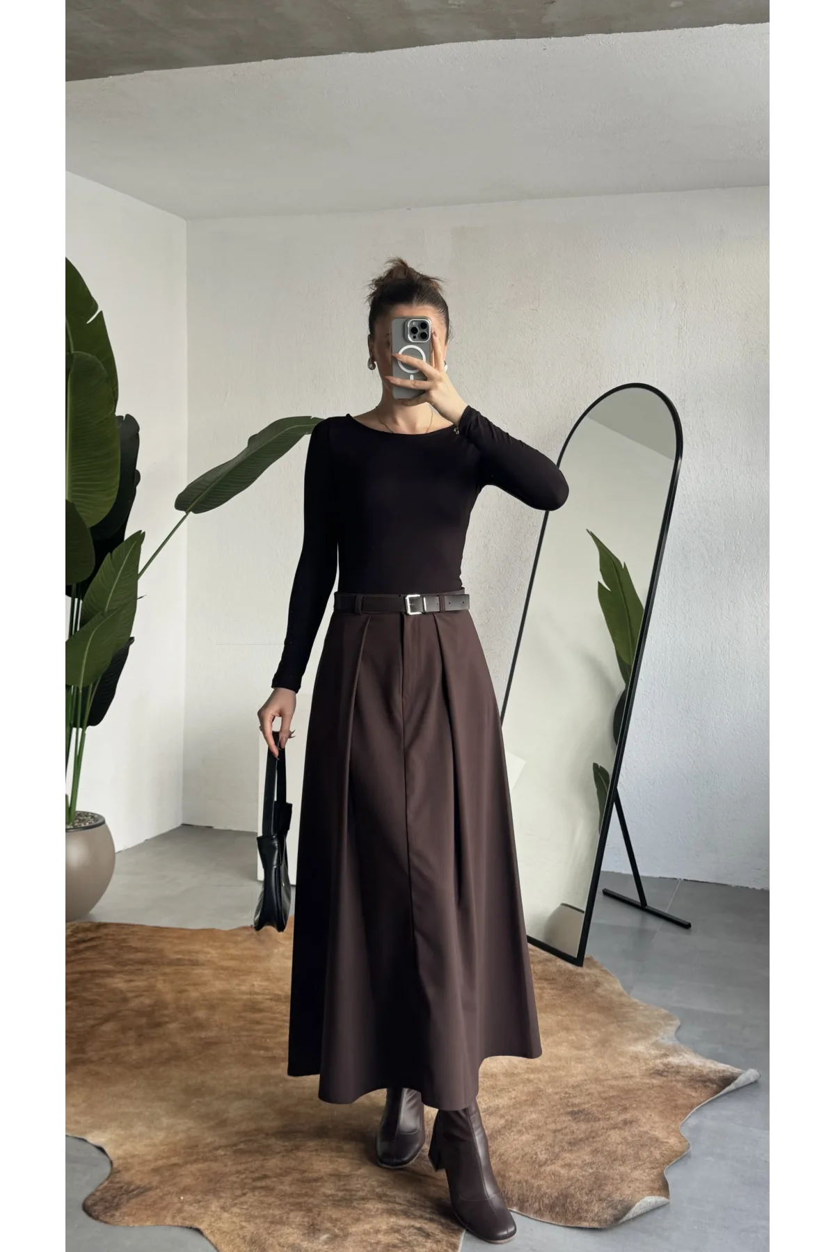 Kadın Kahverengi Maxi Boy Kemerli Uzun Etek Kadın Yüksek Bel Pileli