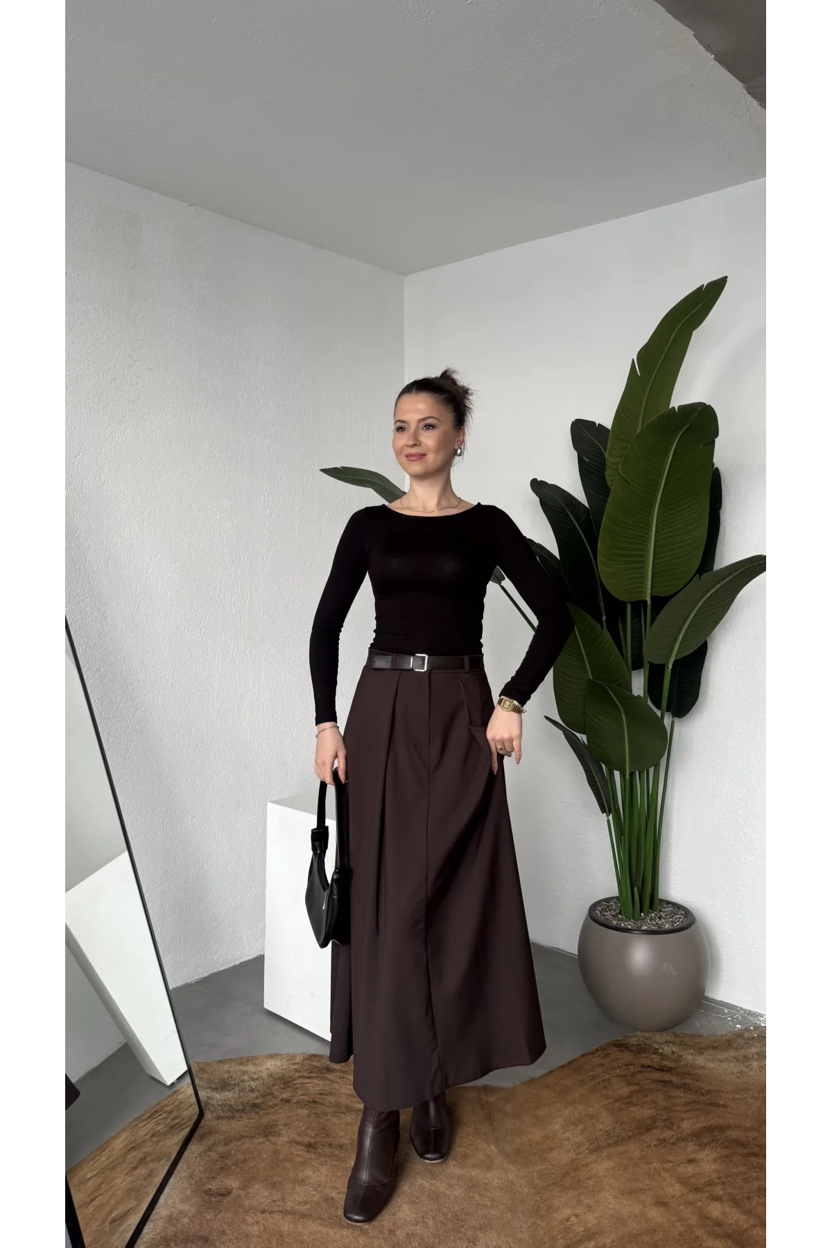 Kadın Kahverengi Maxi Boy Kemerli Uzun Etek Kadın Yüksek Bel Pileli