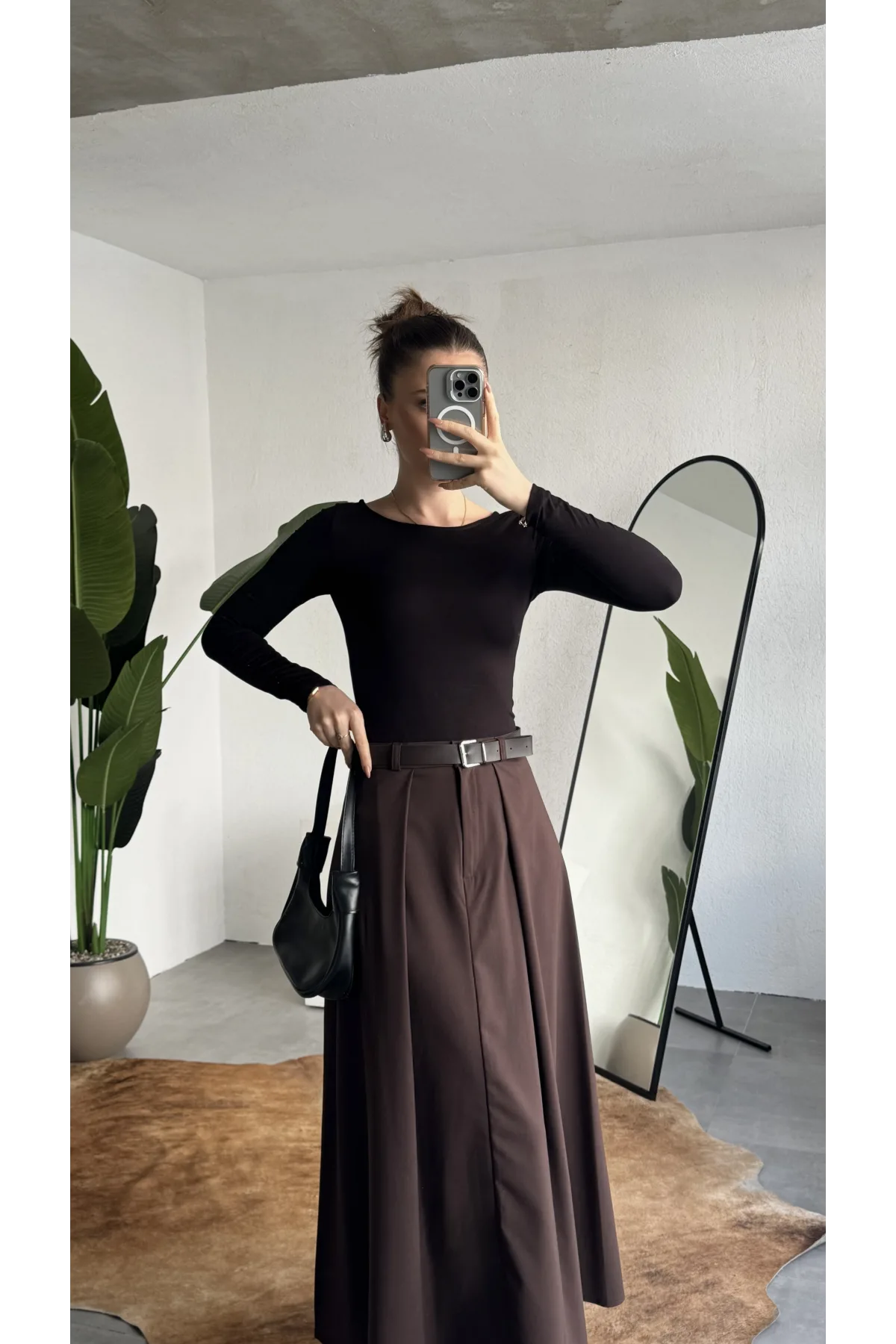 Kadın Kahverengi Maxi Boy Kemerli Uzun Etek Kadın Yüksek Bel Pileli