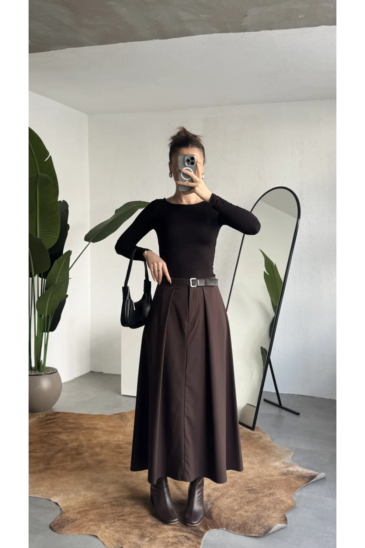 Kadın Kahverengi Maxi Boy Kemerli Uzun Etek Kadın Yüksek Bel Pileli