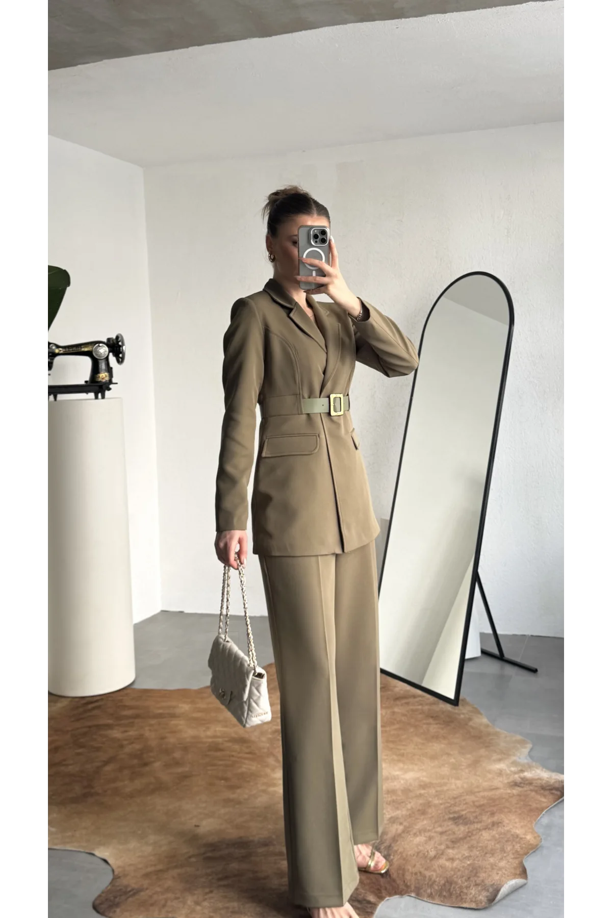 Kadın Haki Blazer Ceket Pantolon Takım Kemer Detaylı