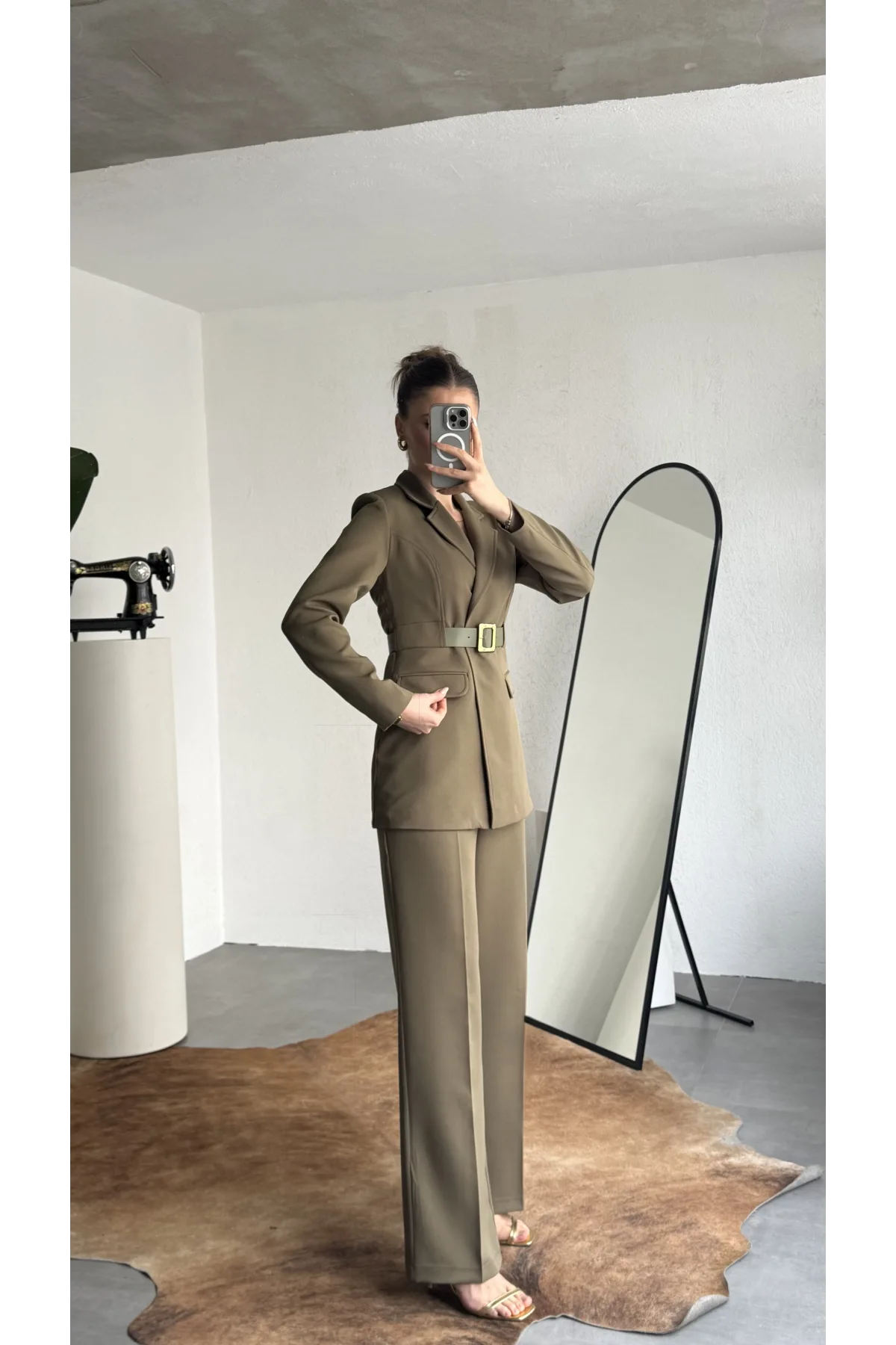 Kadın Haki Blazer Ceket Pantolon Takım Kemer Detaylı