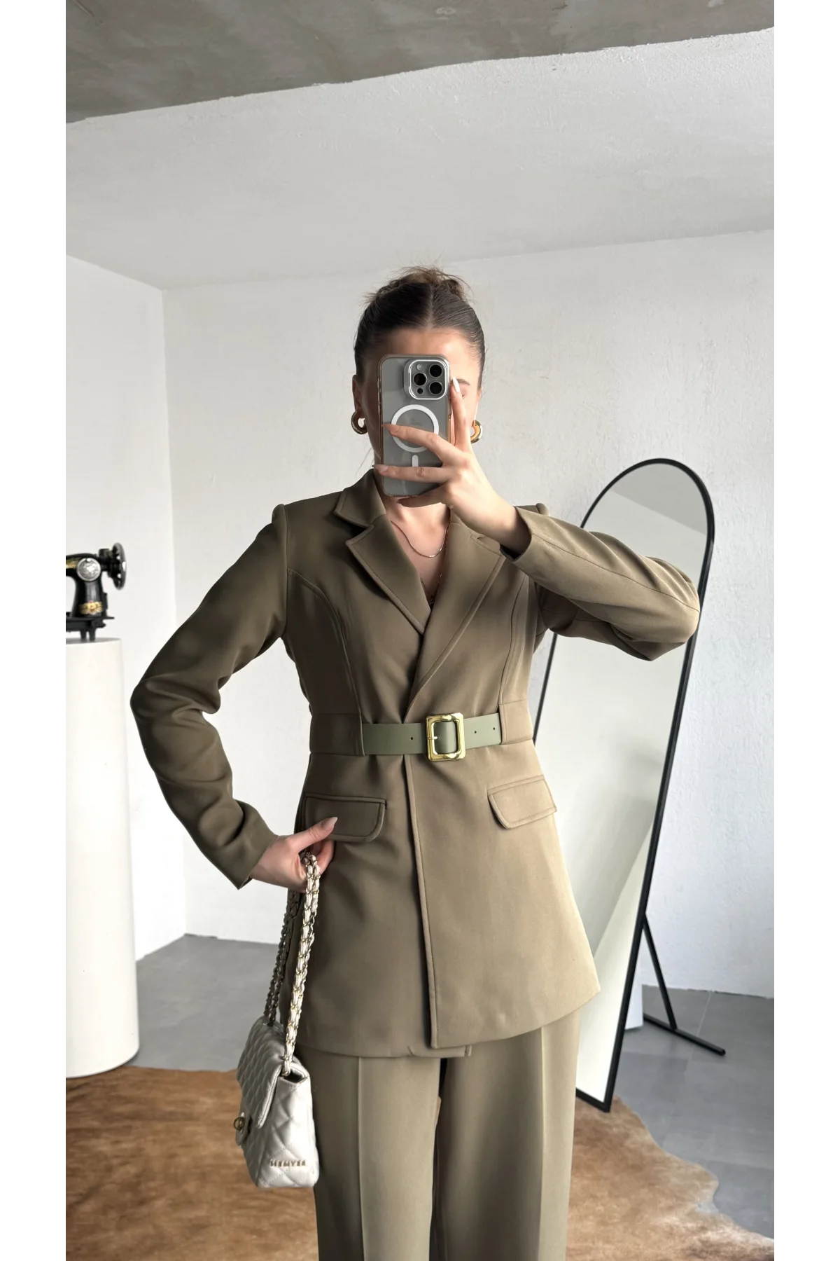 Kadın Haki Blazer Ceket Pantolon Takım Kemer Detaylı