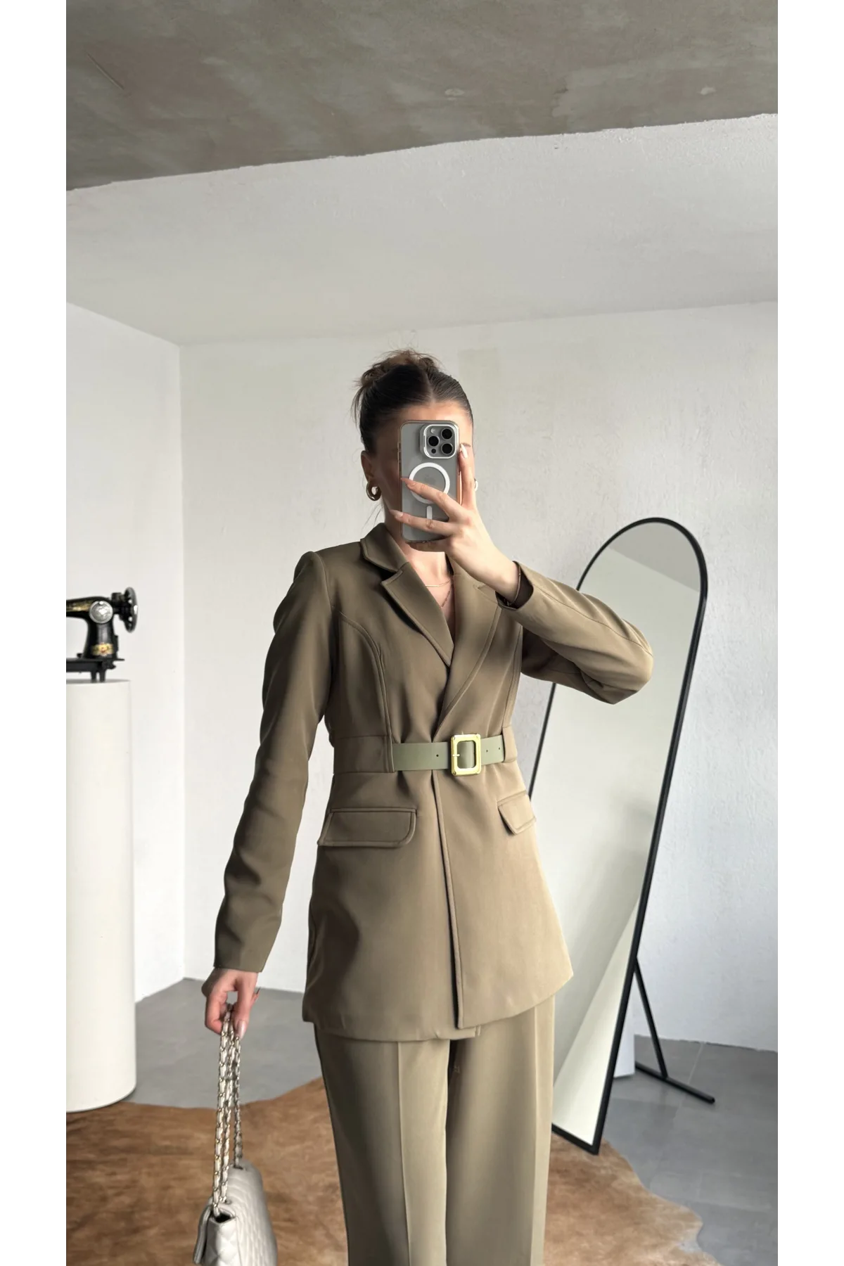 Kadın Haki Blazer Ceket Pantolon Takım Kemer Detaylı