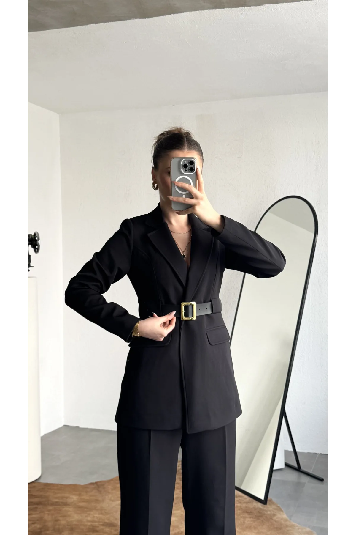 Kadın Siyah Blazer Ceket Pantolon Takım Kemer Detaylı