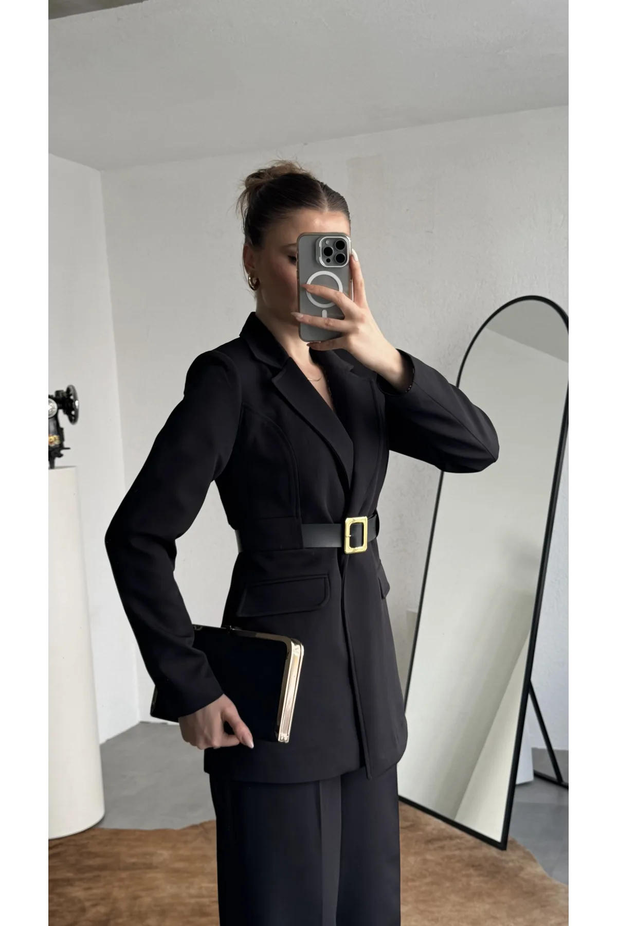 Kadın Siyah Blazer Ceket Pantolon Takım Kemer Detaylı