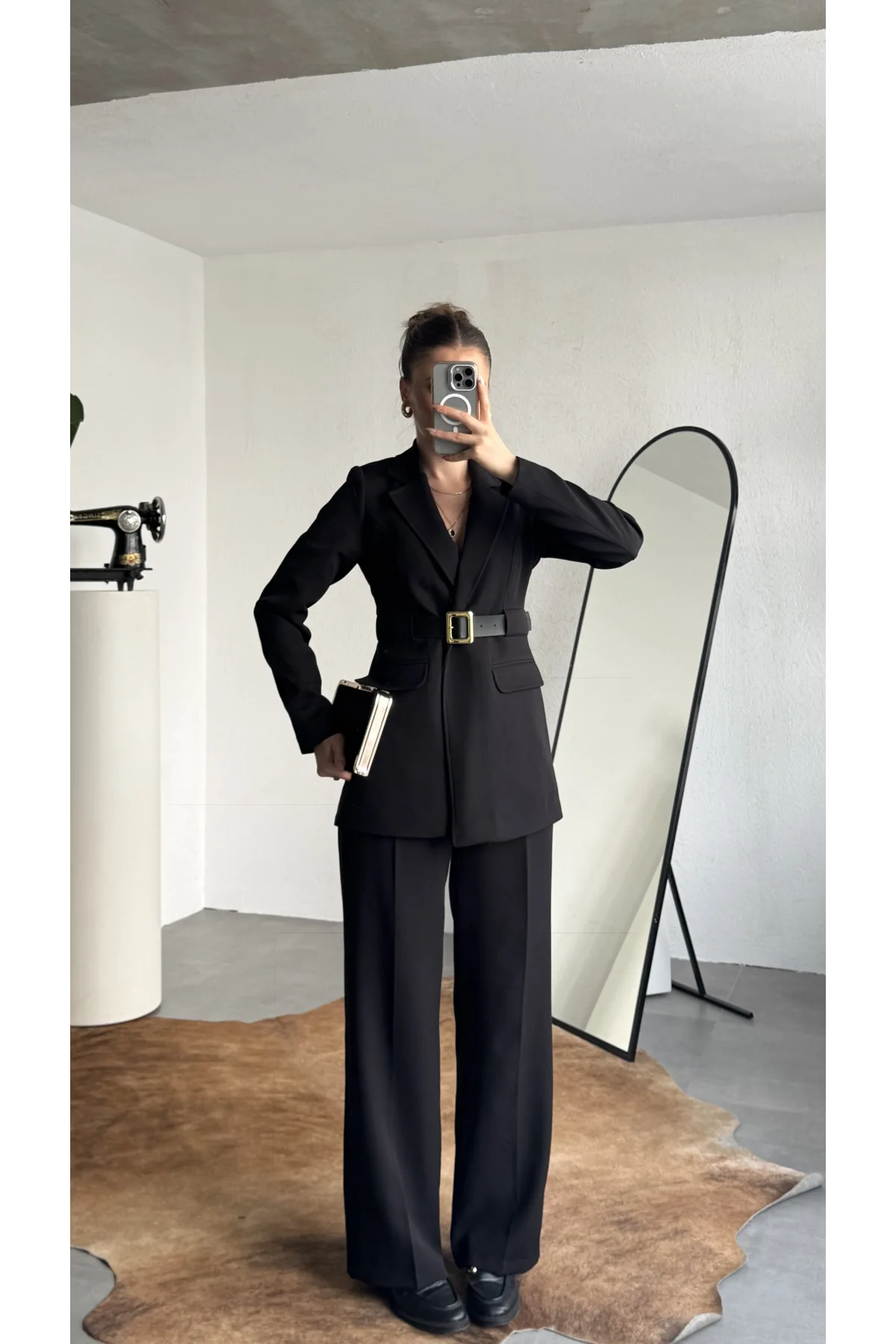 Kadın Siyah Blazer Ceket Pantolon Takım Kemer Detaylı