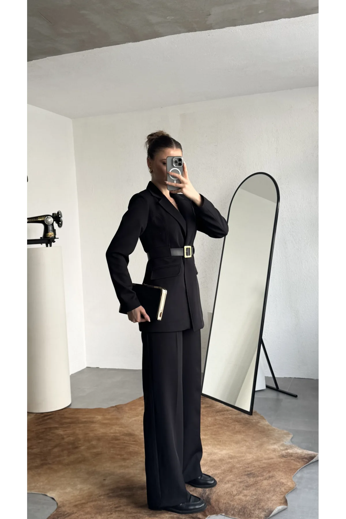 Kadın Siyah Blazer Ceket Pantolon Takım Kemer Detaylı