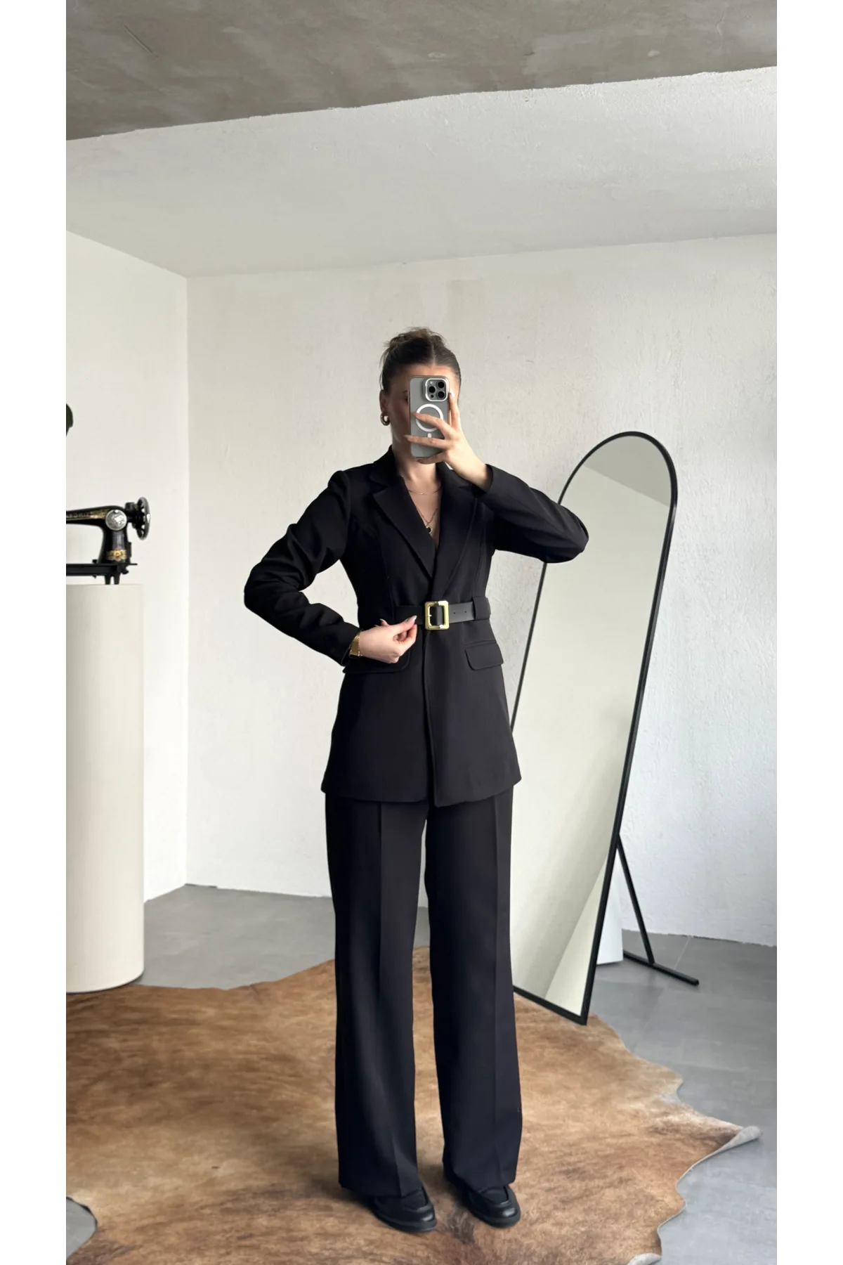 Kadın Siyah Blazer Ceket Pantolon Takım Kemer Detaylı