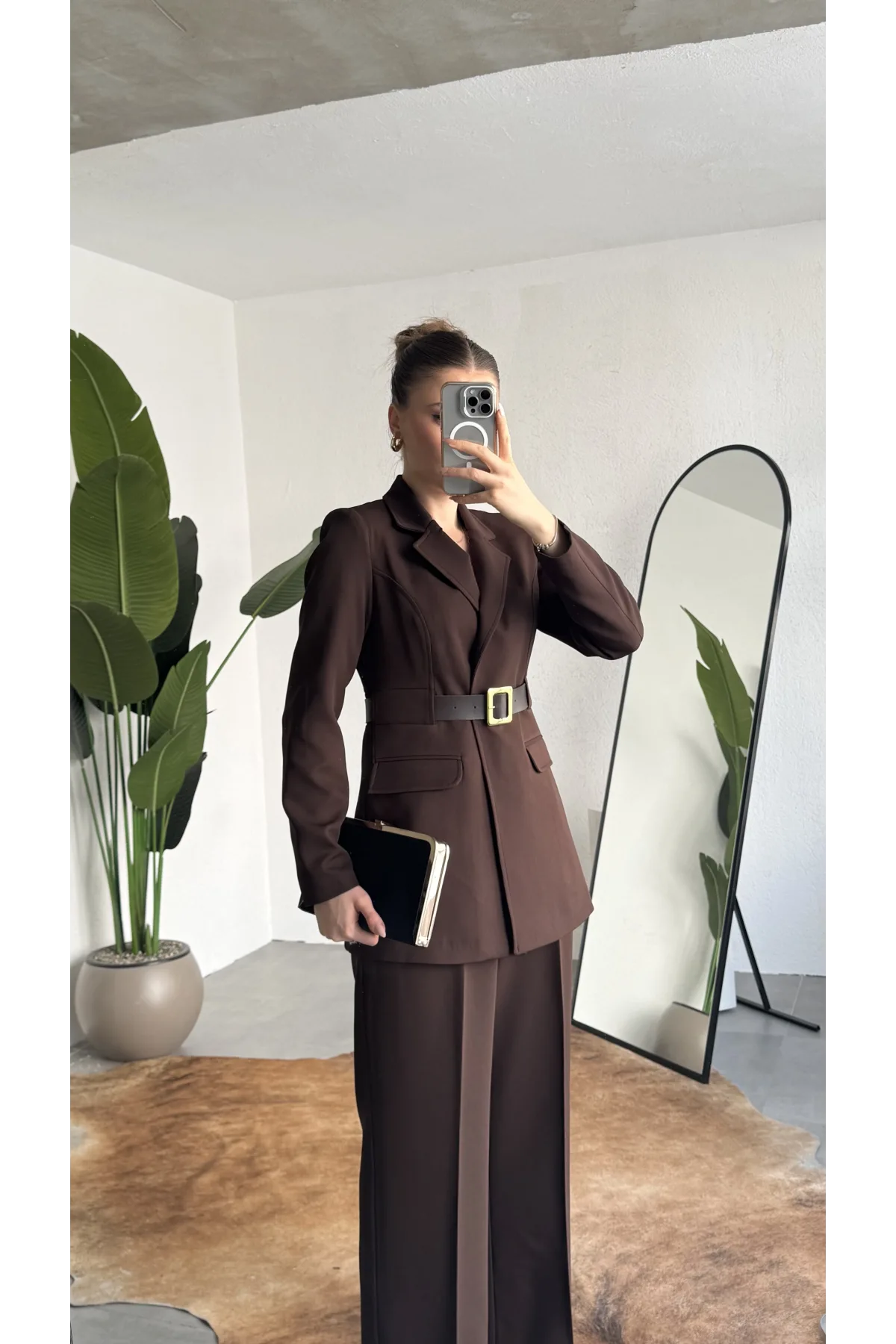 Kadın Kahverengi Blazer Ceket Pantolon Takım Kemer Detaylı