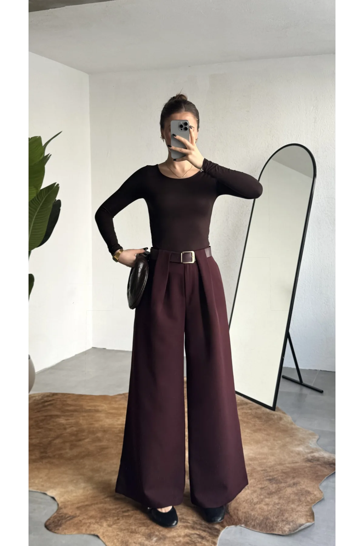 Kadın Bordo Gizli Kemerli Ekstra Bol Wide Leg Pantolon Yüksek Bel