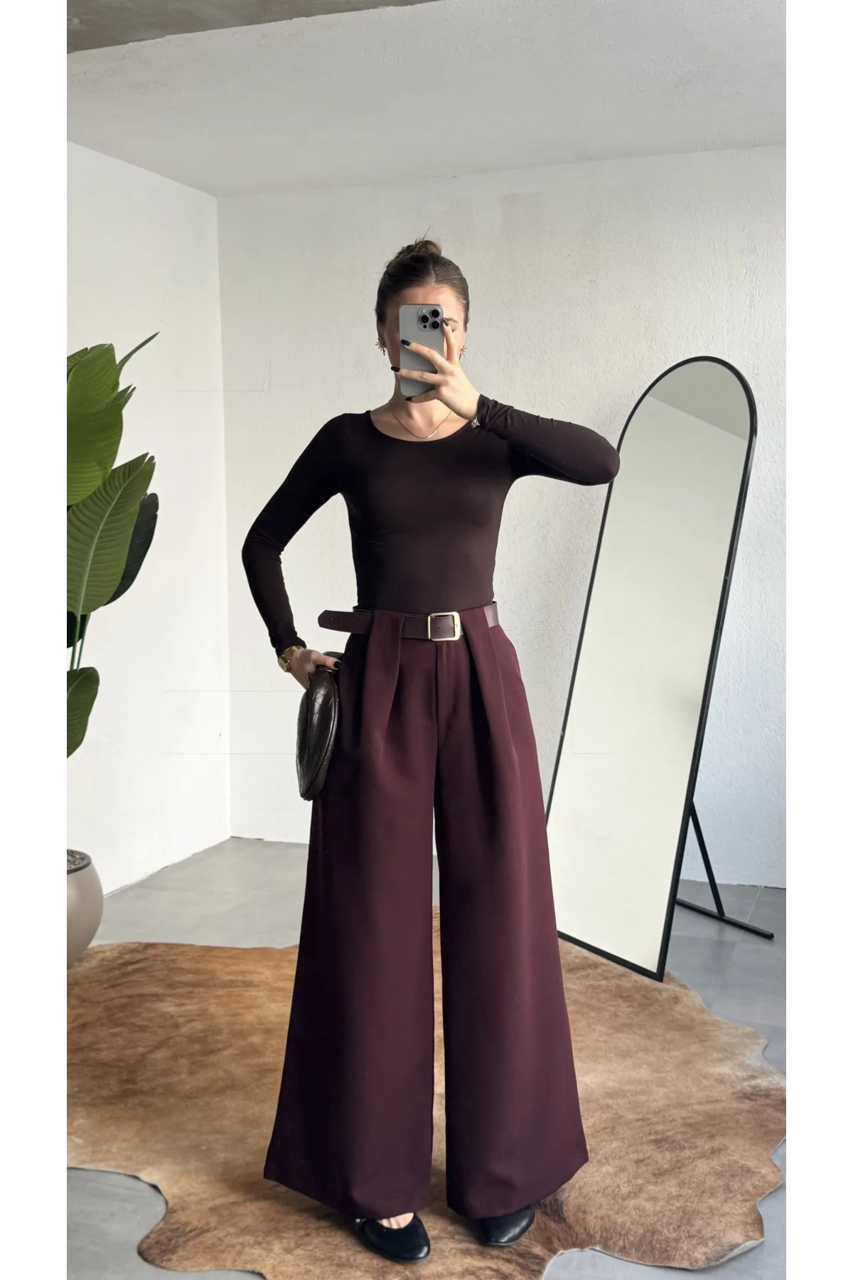 Kadın Bordo Gizli Kemerli Ekstra Bol Wide Leg Pantolon Yüksek Bel