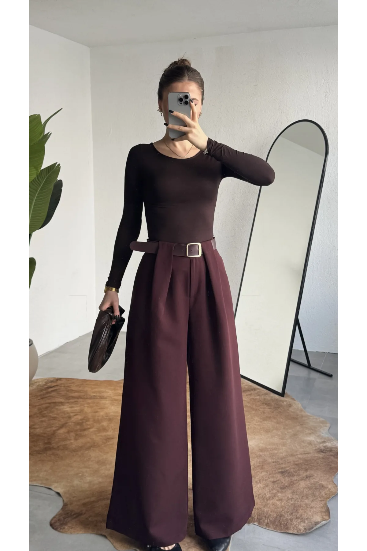 Kadın Bordo Gizli Kemerli Ekstra Bol Wide Leg Pantolon Yüksek Bel