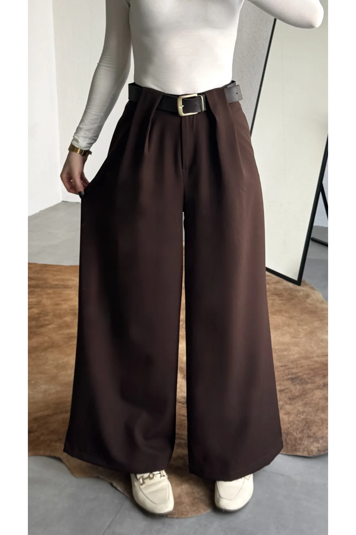 Kadın Kahverengi Gizli Kemerli Ekstra Bol Wide Leg Pantolon Yüksek Bel