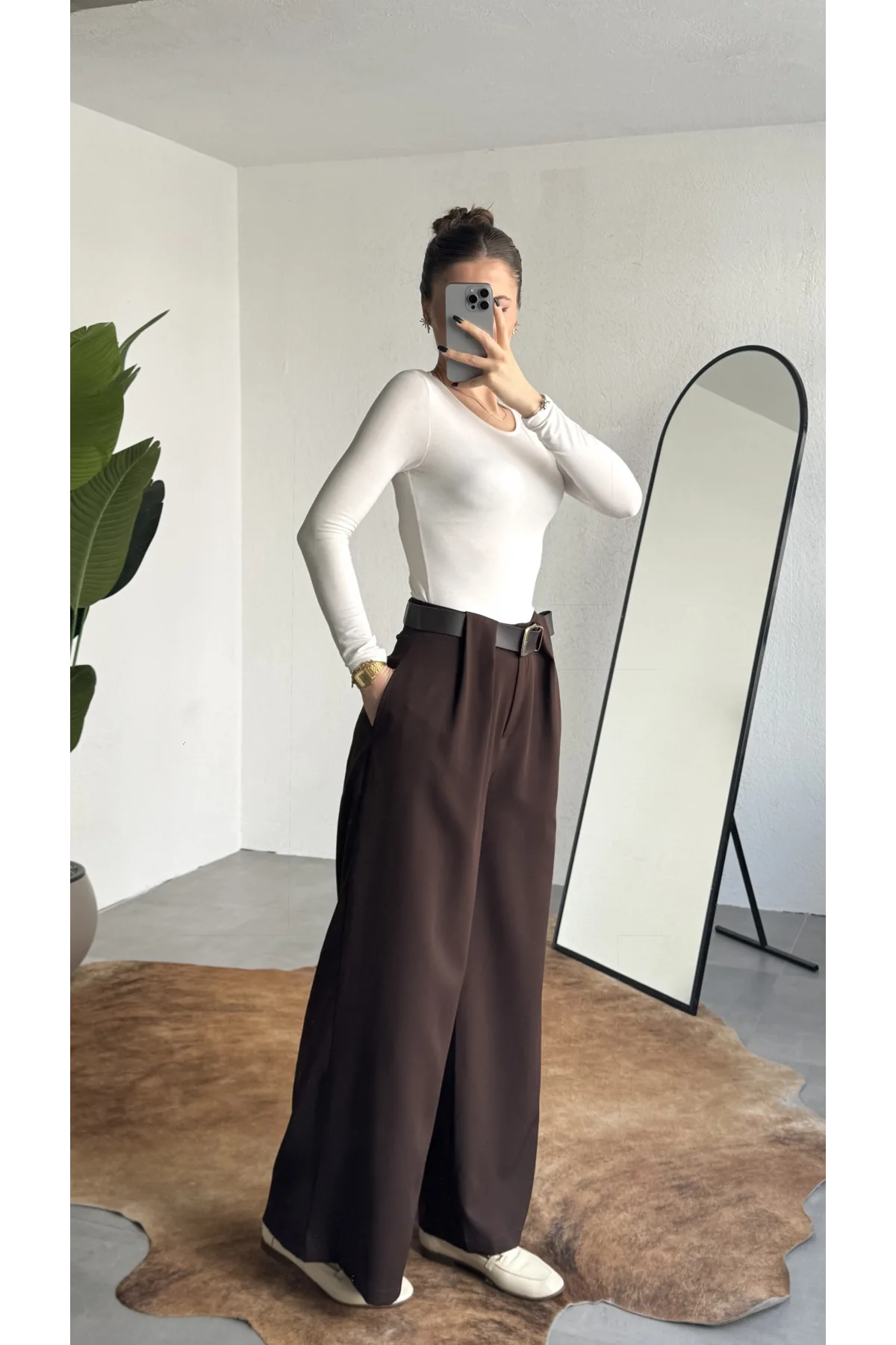 Kadın Kahverengi Gizli Kemerli Ekstra Bol Wide Leg Pantolon Yüksek Bel