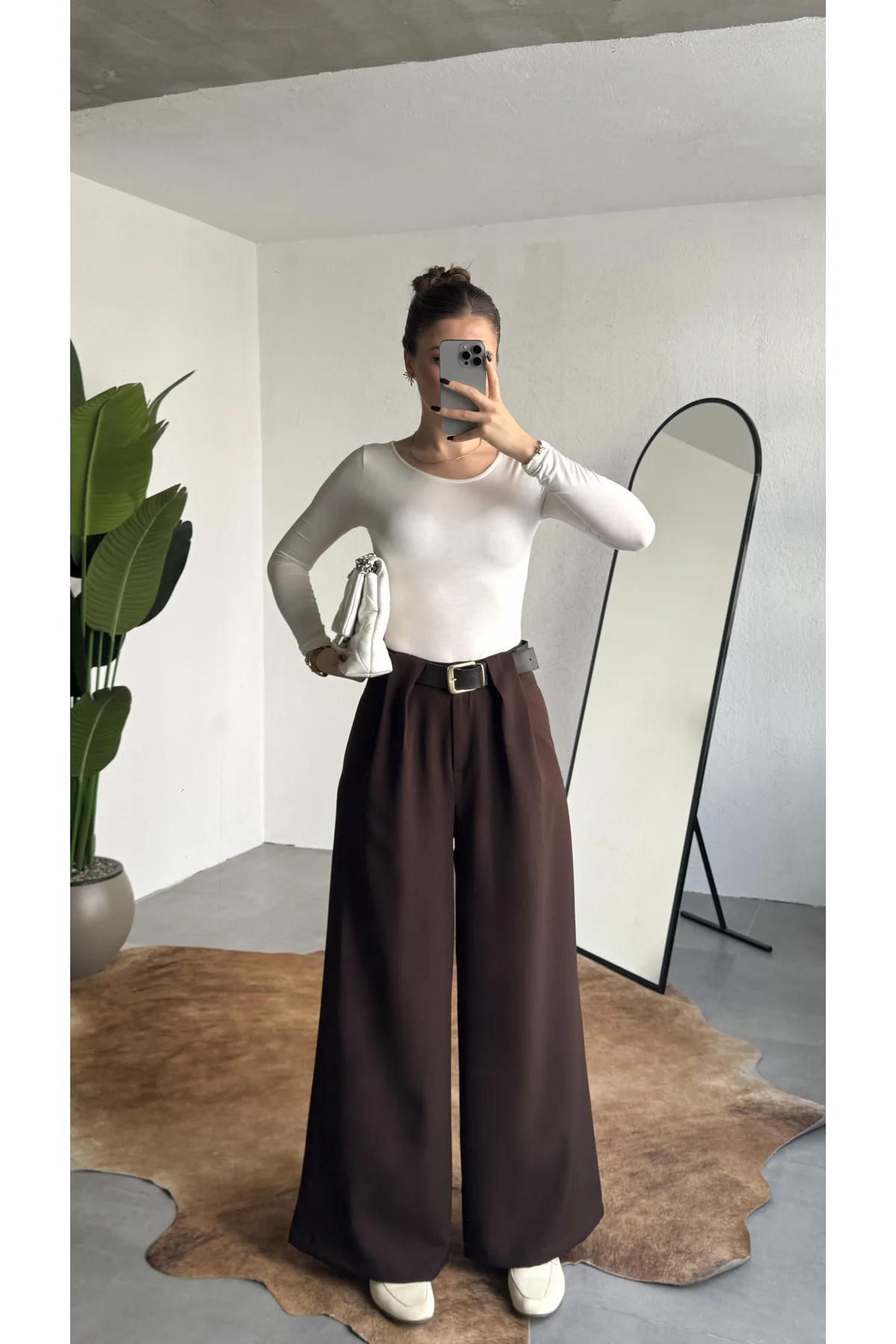 Kadın Kahverengi Gizli Kemerli Ekstra Bol Wide Leg Pantolon Yüksek Bel