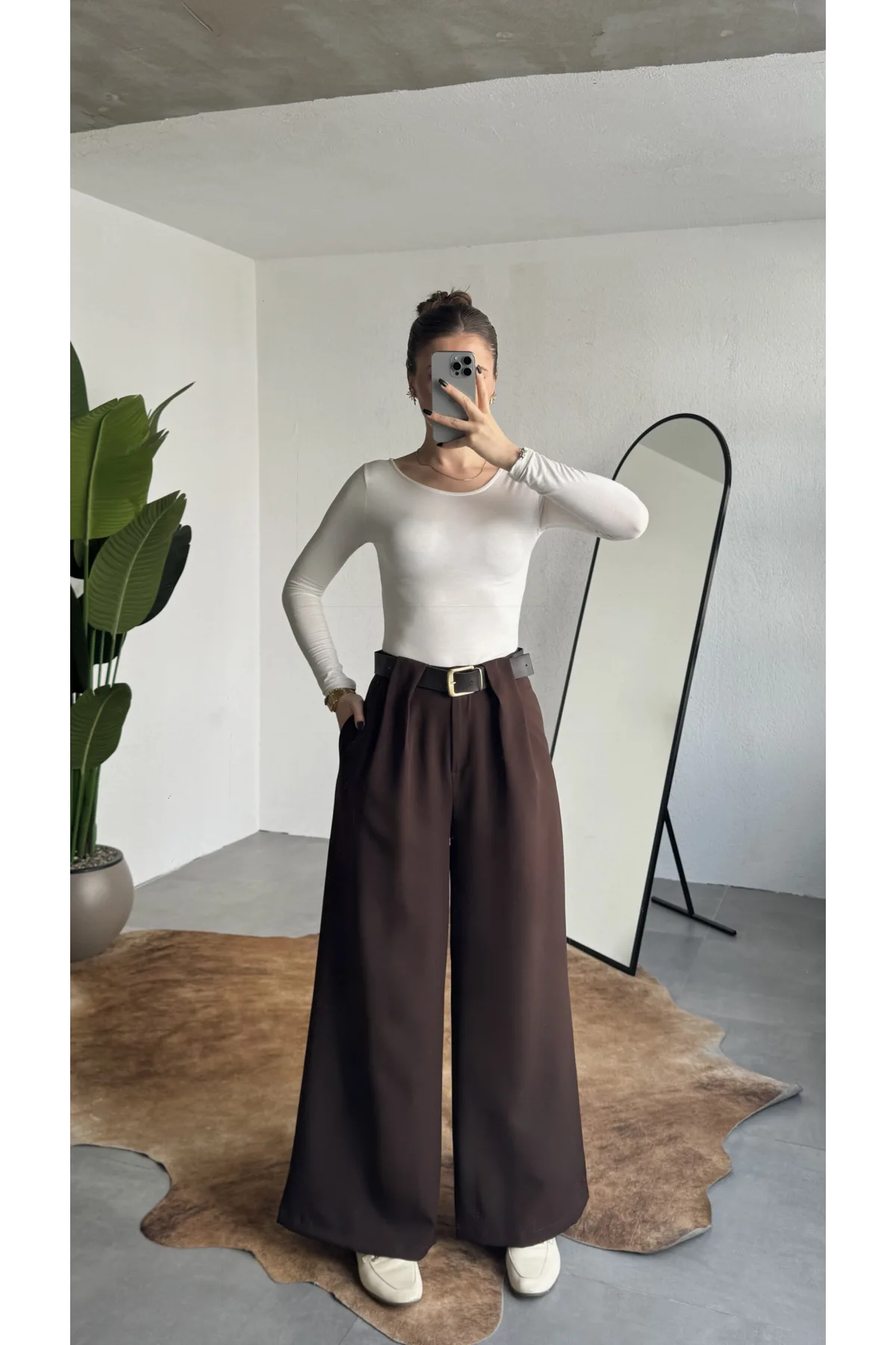 Kadın Kahverengi Gizli Kemerli Ekstra Bol Wide Leg Pantolon Yüksek Bel