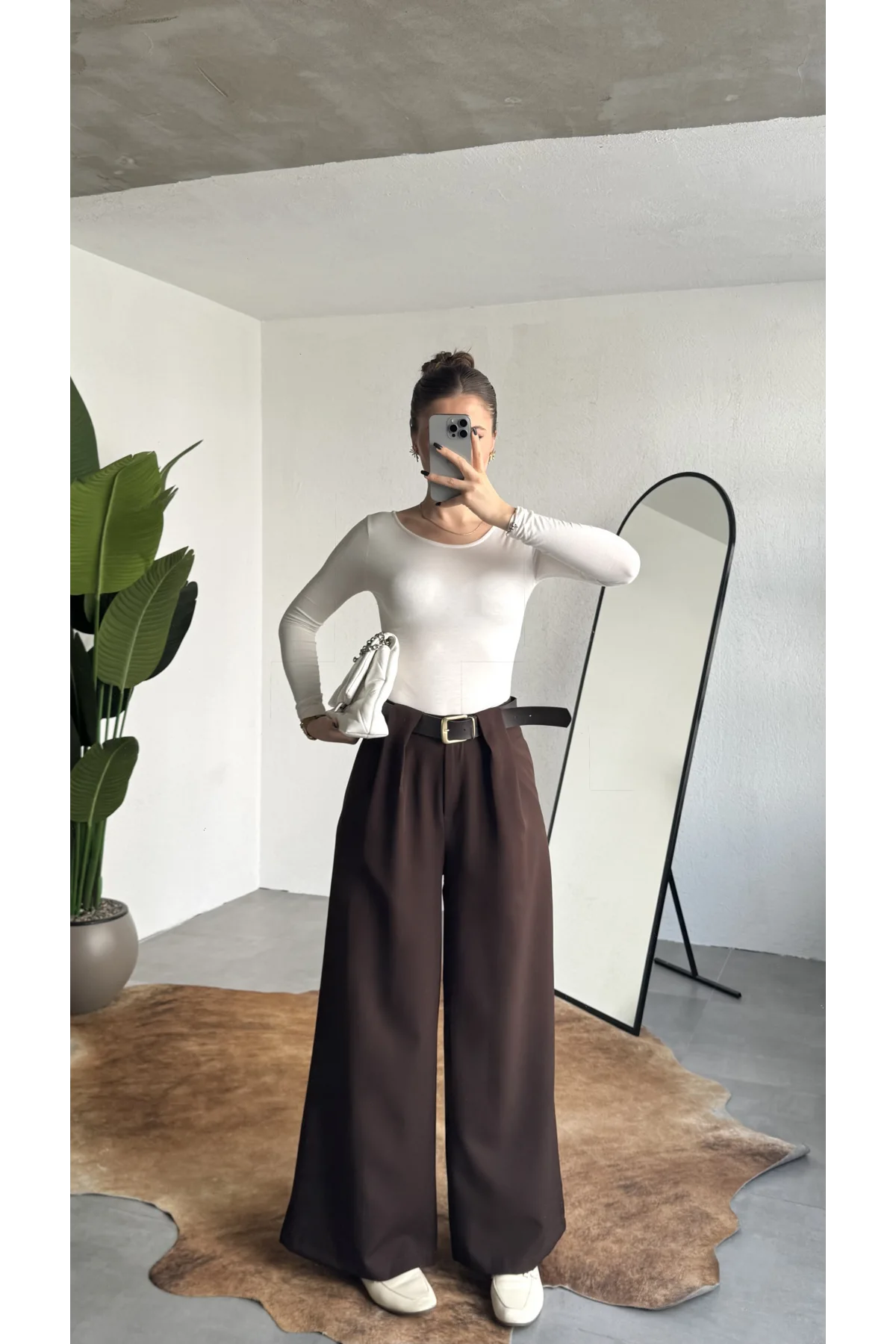 Kadın Kahverengi Gizli Kemerli Ekstra Bol Wide Leg Pantolon Yüksek Bel