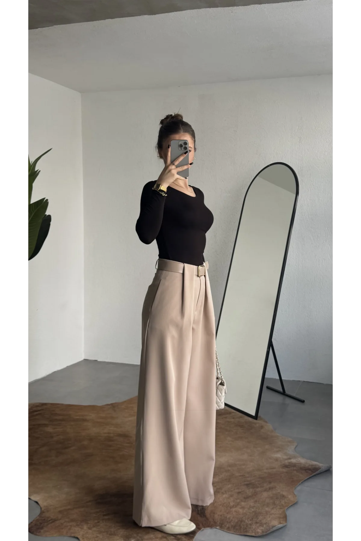 Kadın Krem Gizli Kemerli Ekstra Bol Wide Leg Pantolon Yüksek Bel