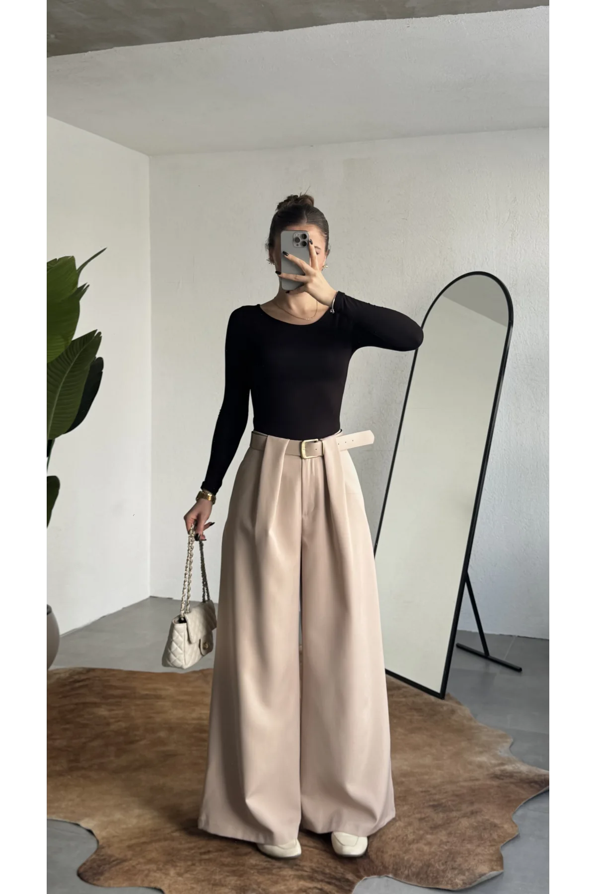 Kadın Krem Gizli Kemerli Ekstra Bol Wide Leg Pantolon Yüksek Bel