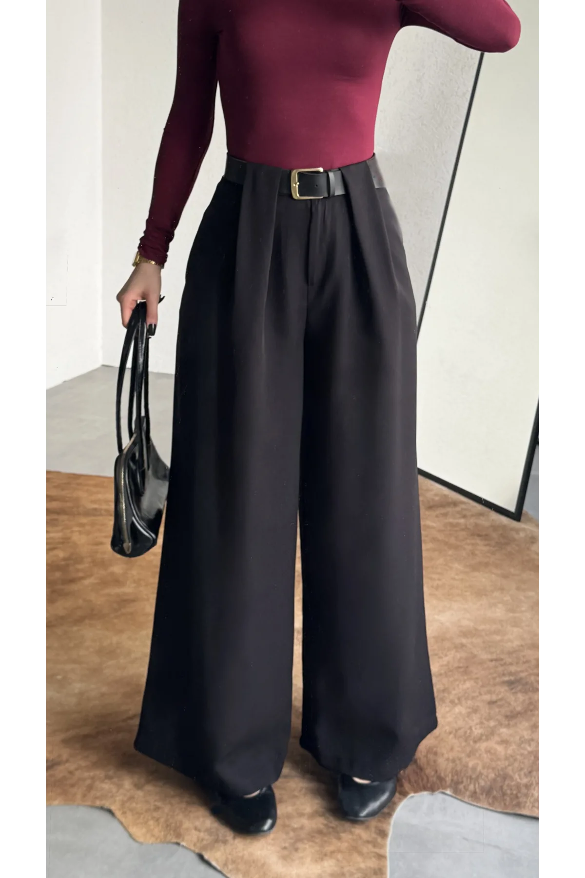 Kadın Siyah Gizli Kemerli Ekstra Bol Wide Leg Pantolon Yüksek Bel