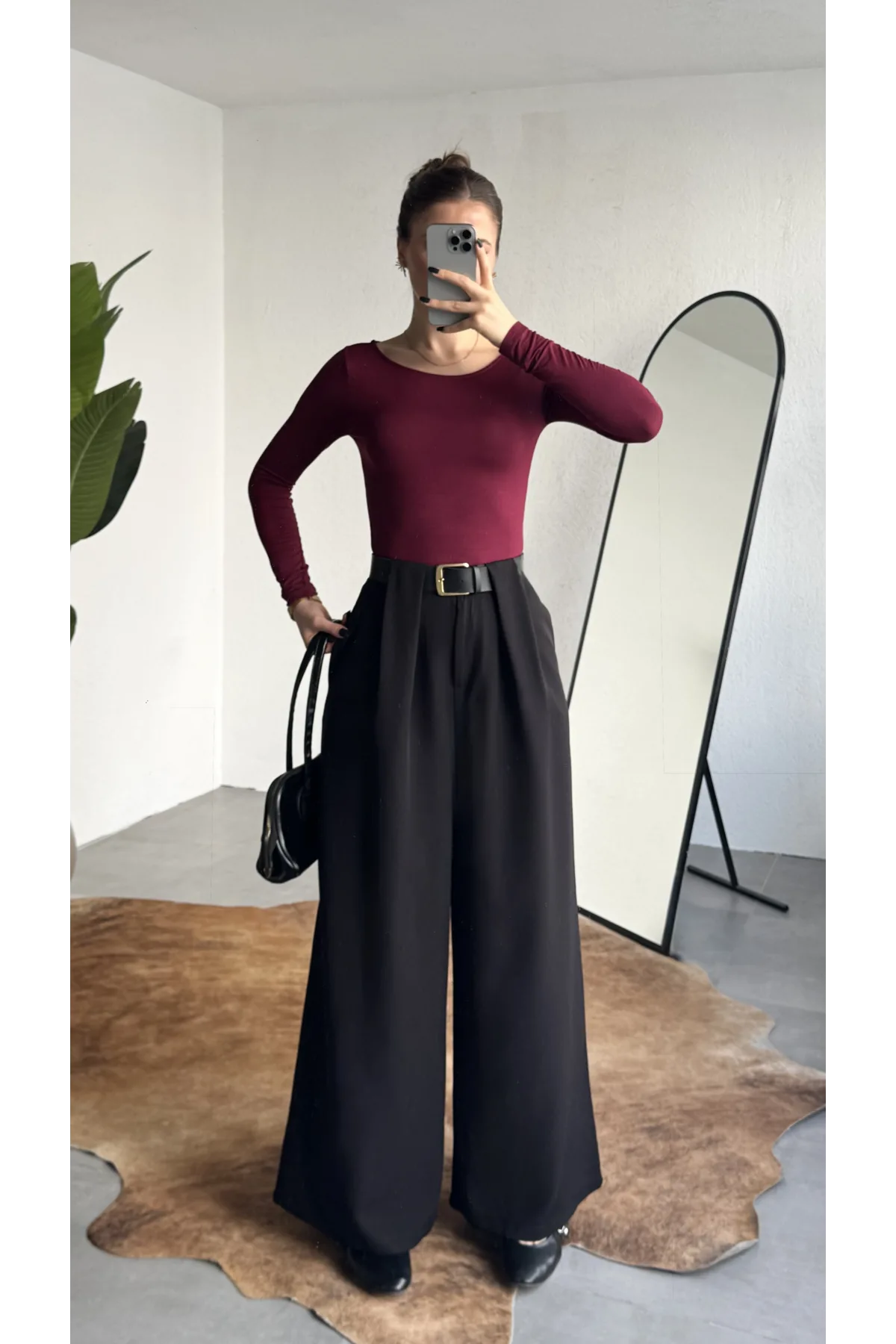 Kadın Siyah Gizli Kemerli Ekstra Bol Wide Leg Pantolon Yüksek Bel