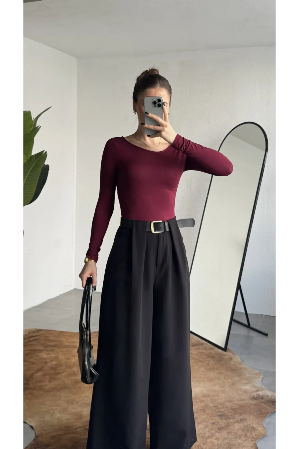 Kadın Siyah Gizli Kemerli Ekstra Bol Wide Leg Pantolon Yüksek Bel