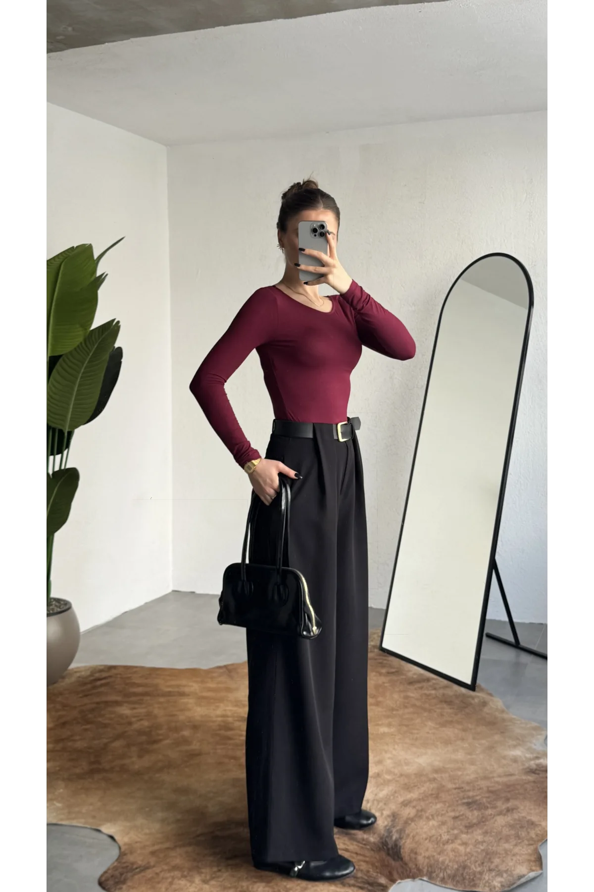 Kadın Siyah Gizli Kemerli Ekstra Bol Wide Leg Pantolon Yüksek Bel