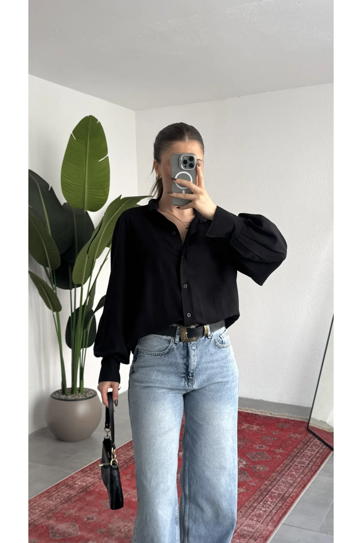 Kadın Siyah Oversize Modal Tensel Kumaş Gömlek Uzun Kollu Salaş Kesim Düğmeli Günlük Şık Gömlek