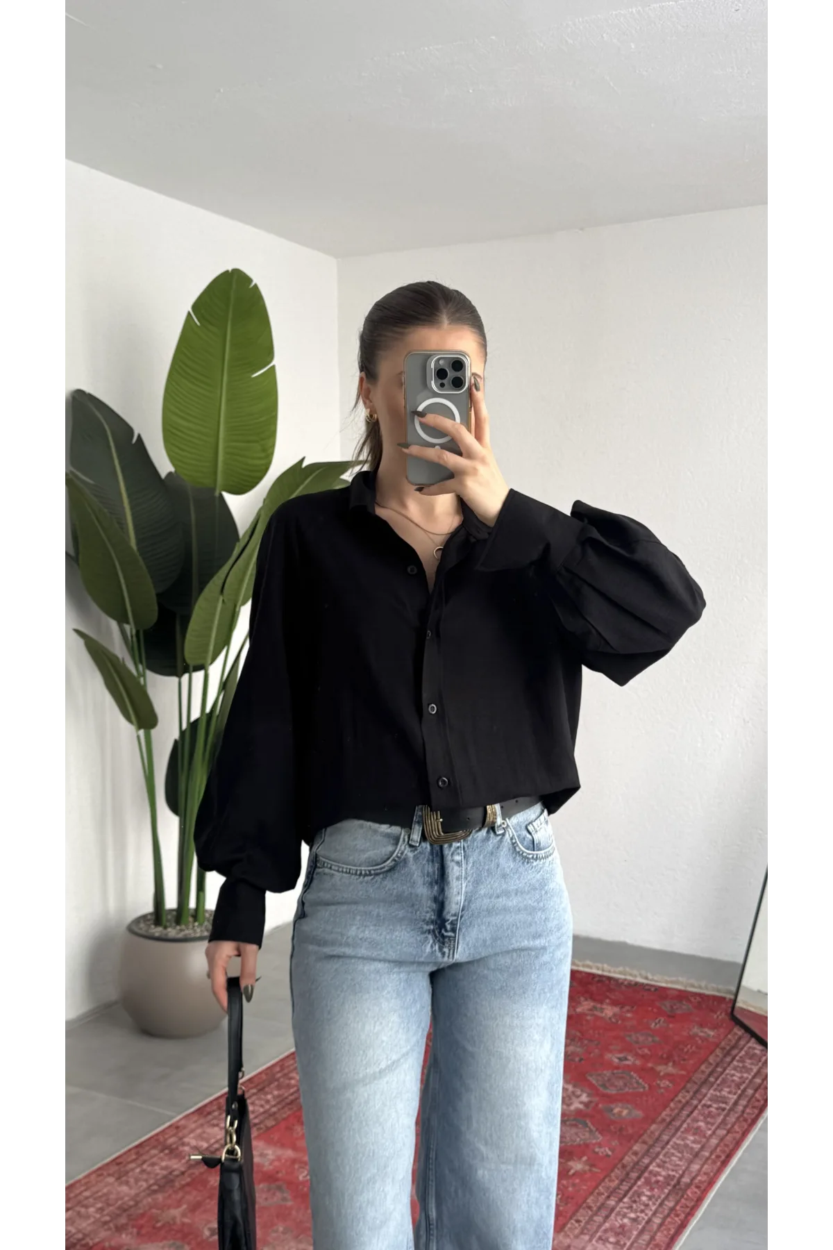 Kadın Siyah Oversize Modal Tensel Kumaş Gömlek Uzun Kollu Salaş Kesim Düğmeli Günlük Şık Gömlek