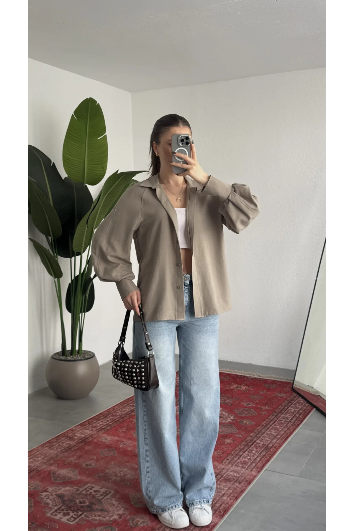 Kadın Vizon Oversize Modal Tensel Kumaş Gömlek Uzun Kollu Salaş Kesim Düğmeli Günlük Şık Gömlek