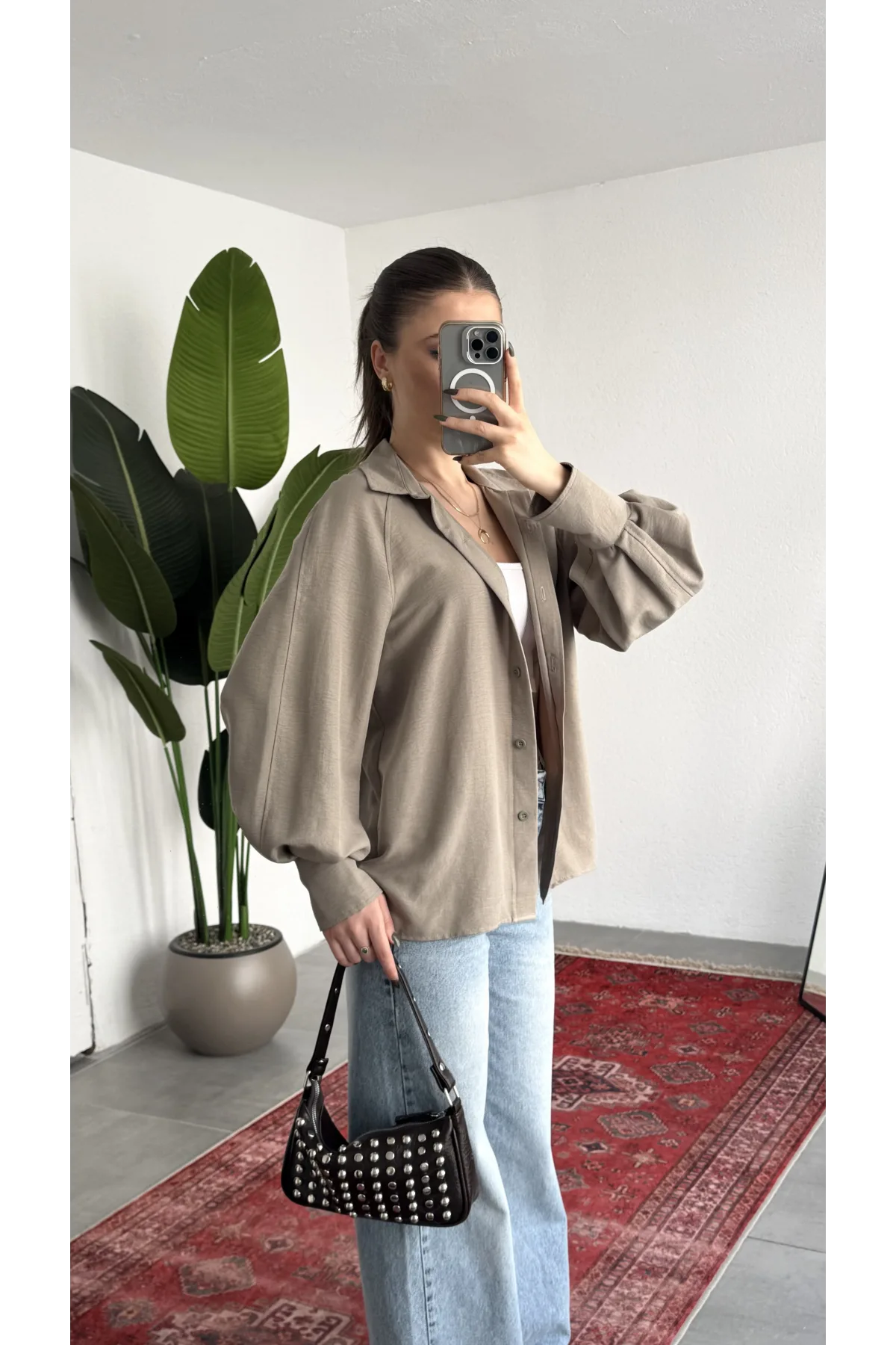 Kadın Vizon Oversize Modal Tensel Kumaş Gömlek Uzun Kollu Salaş Kesim Düğmeli Günlük Şık Gömlek