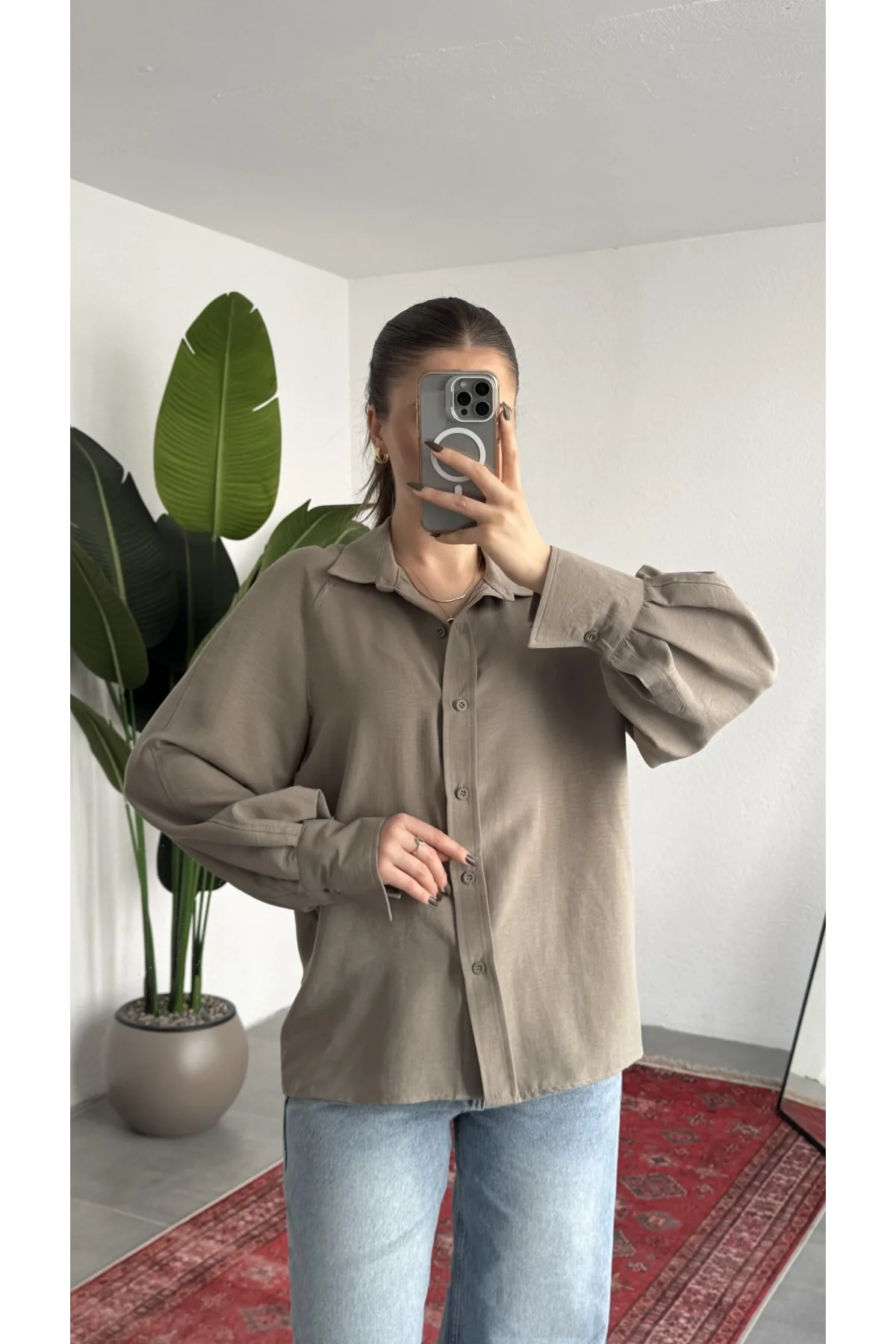 Kadın Vizon Oversize Modal Tensel Kumaş Gömlek Uzun Kollu Salaş Kesim Düğmeli Günlük Şık Gömlek