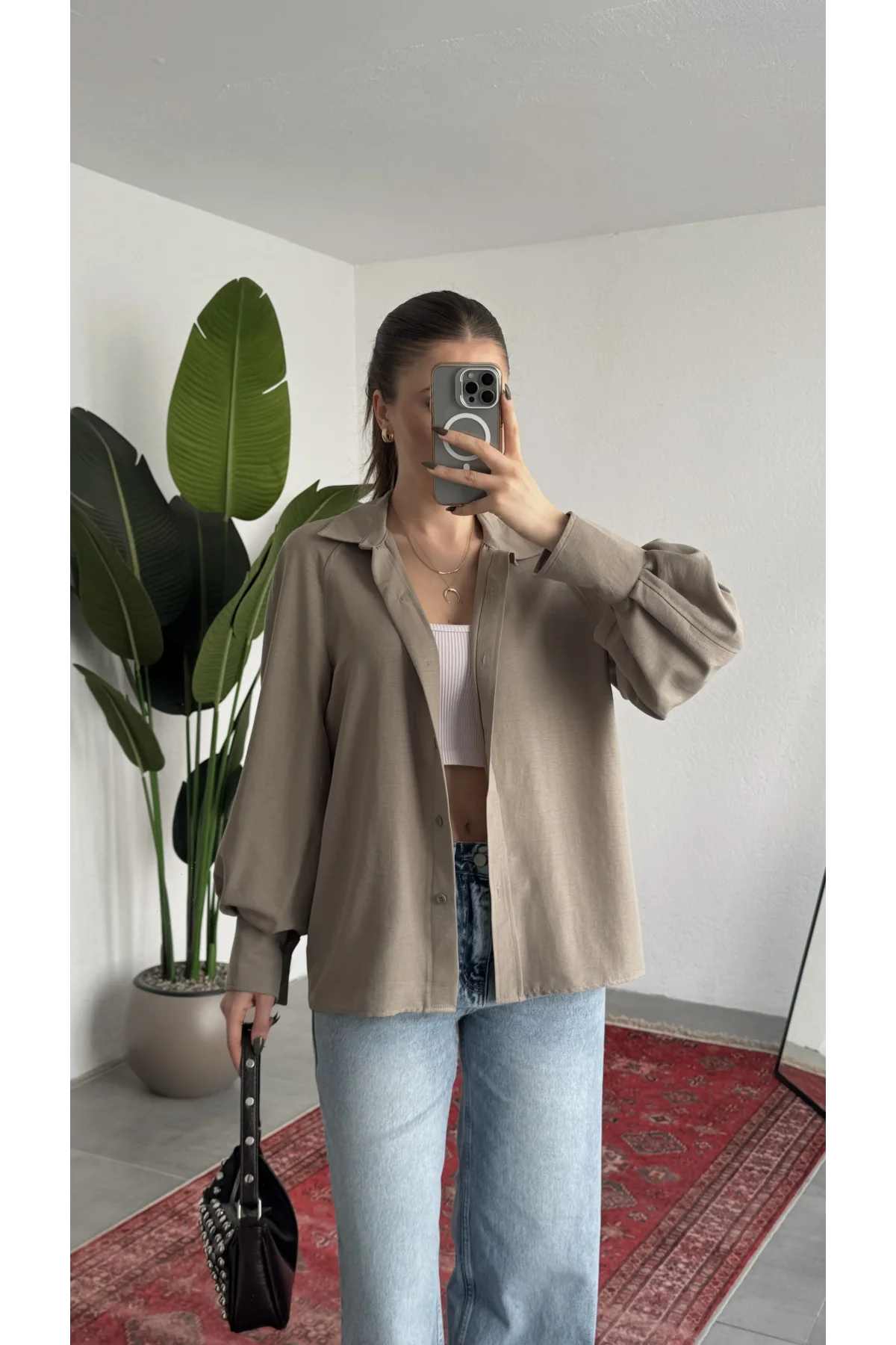 Kadın Vizon Oversize Modal Tensel Kumaş Gömlek Uzun Kollu Salaş Kesim Düğmeli Günlük Şık Gömlek