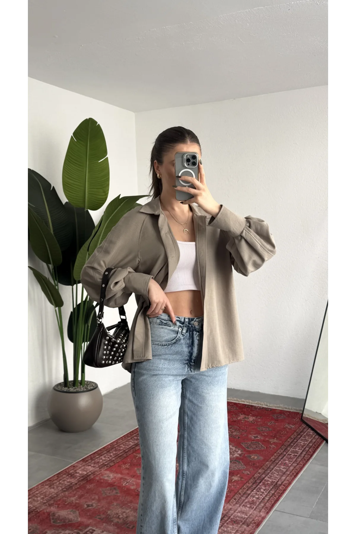 Kadın Vizon Oversize Modal Tensel Kumaş Gömlek Uzun Kollu Salaş Kesim Düğmeli Günlük Şık Gömlek