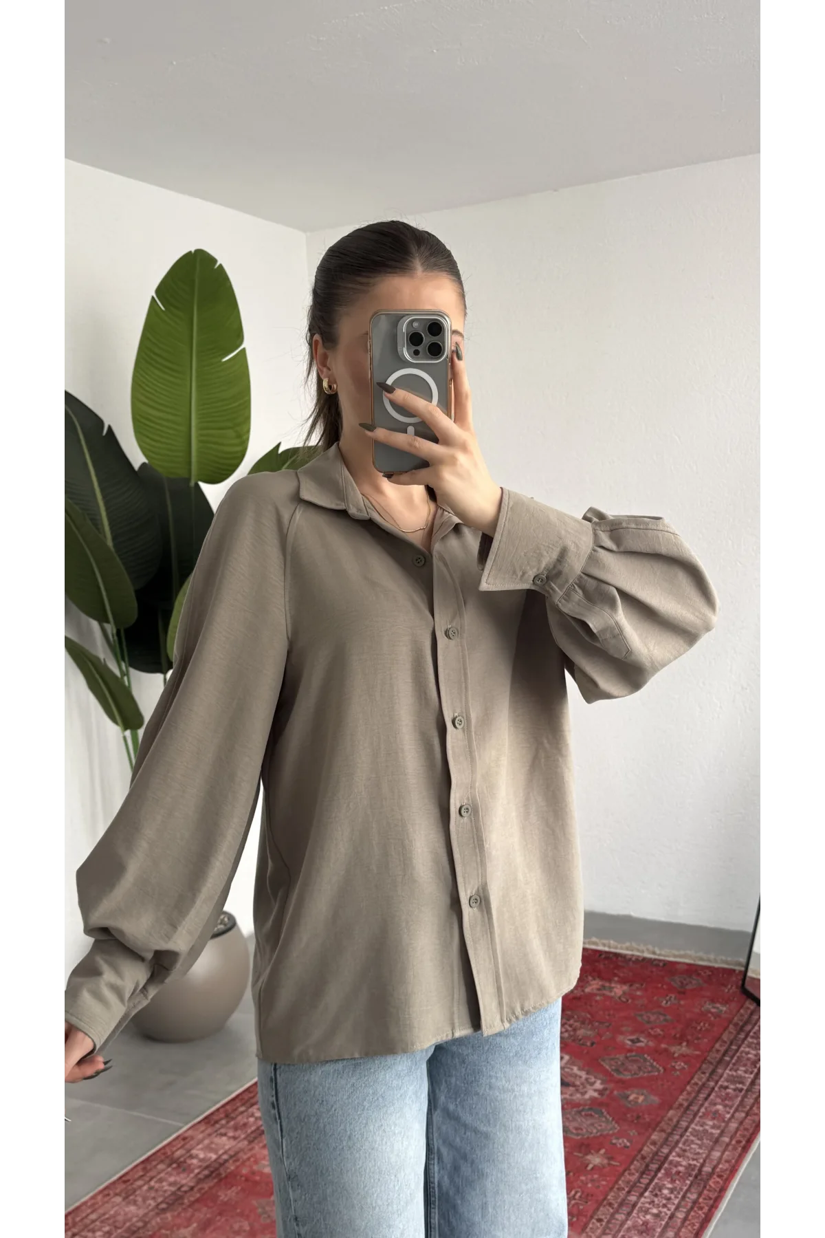 Kadın Vizon Oversize Modal Tensel Kumaş Gömlek Uzun Kollu Salaş Kesim Düğmeli Günlük Şık Gömlek