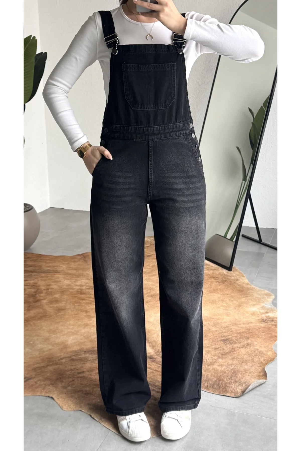 Kadın Siyah Yıkamalı Jean Tulum Askılı Denim Salopet Pantolon Günlük Rahat Şık Tulum