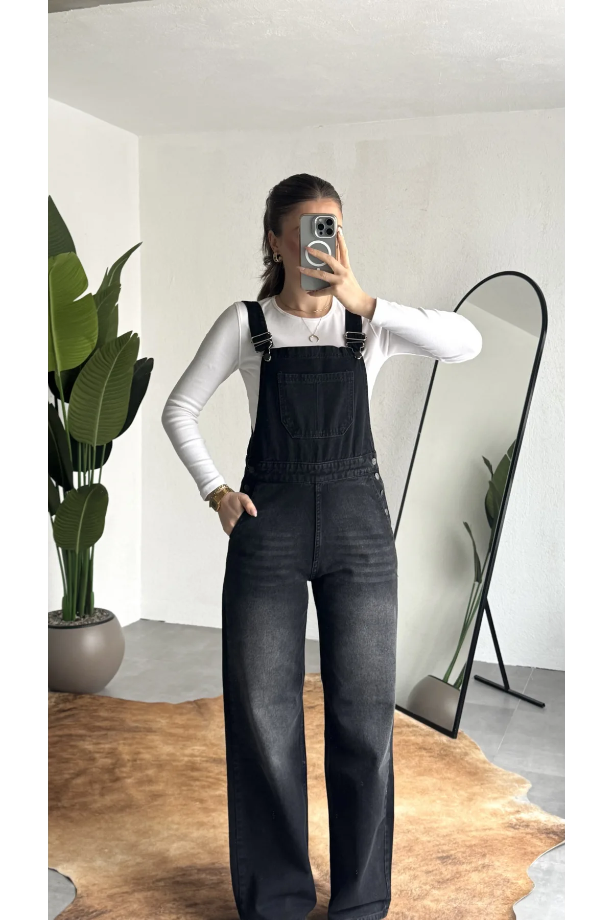 Kadın Siyah Yıkamalı Jean Tulum Askılı Denim Salopet Pantolon Günlük Rahat Şık Tulum