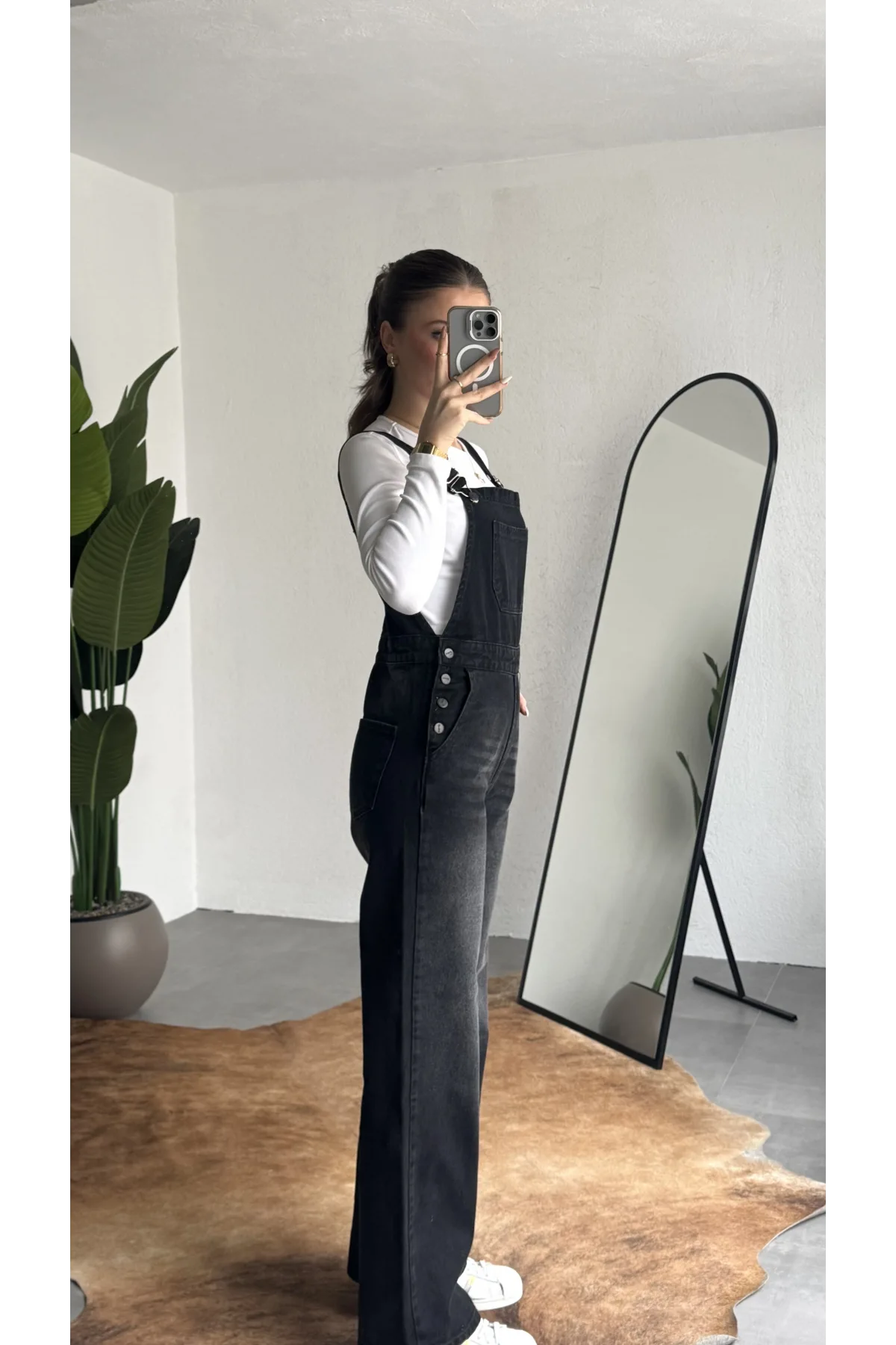 Kadın Siyah Yıkamalı Jean Tulum Askılı Denim Salopet Pantolon Günlük Rahat Şık Tulum