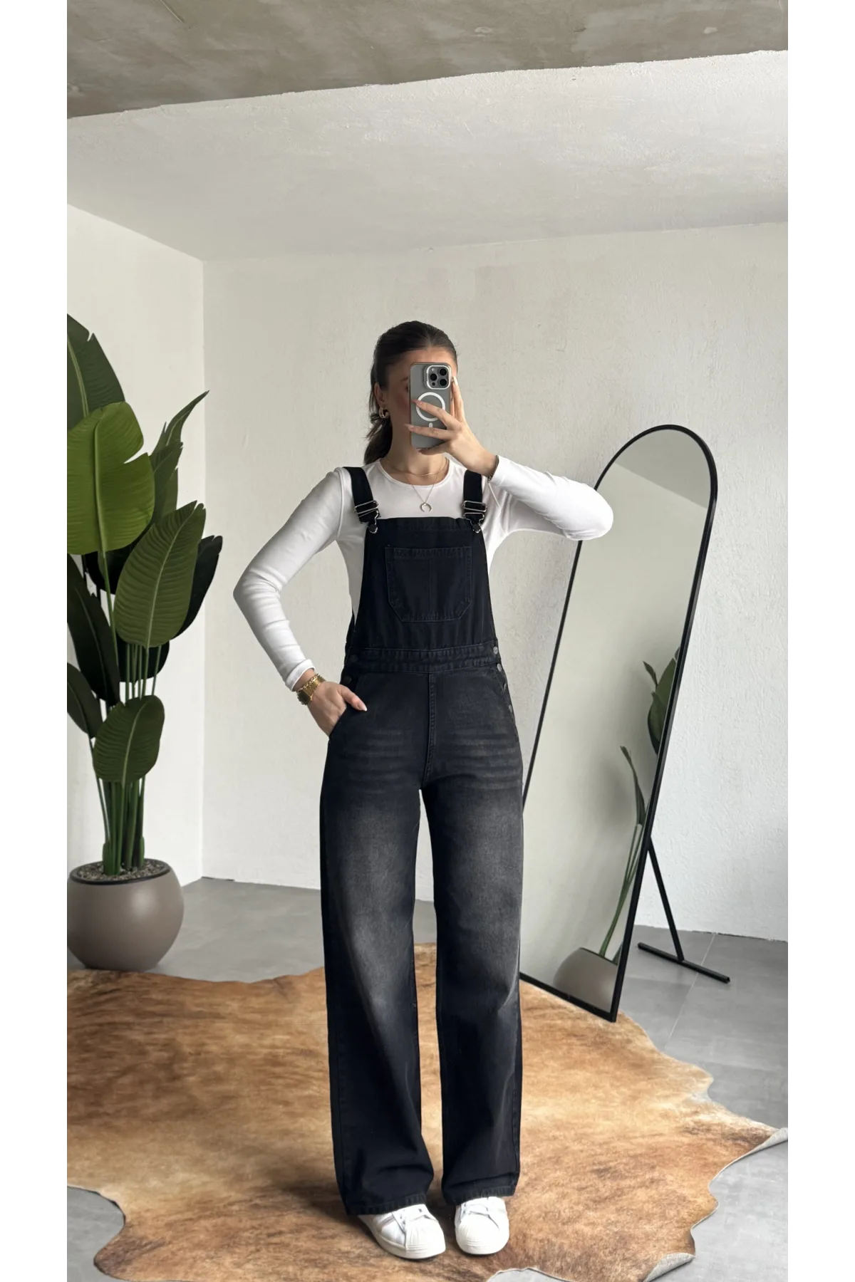 Kadın Siyah Yıkamalı Jean Tulum Askılı Denim Salopet Pantolon Günlük Rahat Şık Tulum