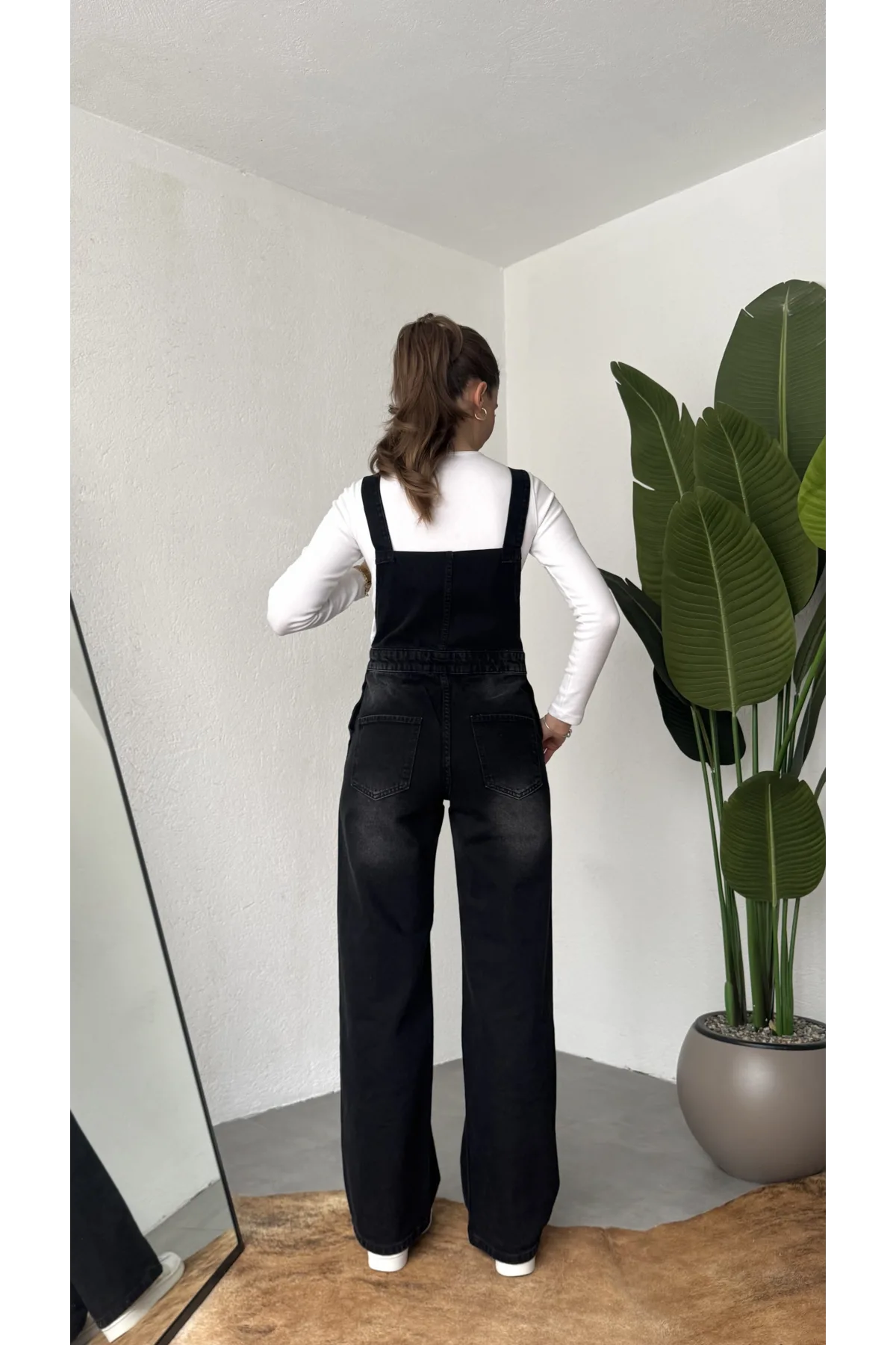 Kadın Siyah Yıkamalı Jean Tulum Askılı Denim Salopet Pantolon Günlük Rahat Şık Tulum