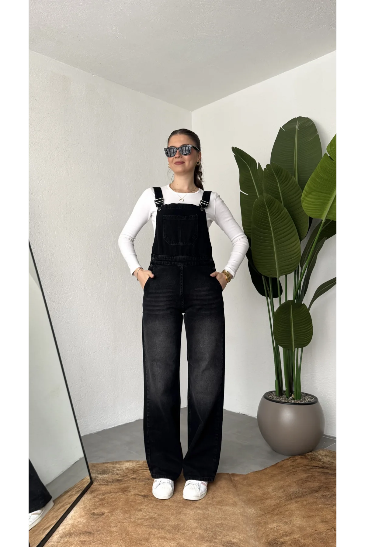 Kadın Siyah Yıkamalı Jean Tulum Askılı Denim Salopet Pantolon Günlük Rahat Şık Tulum