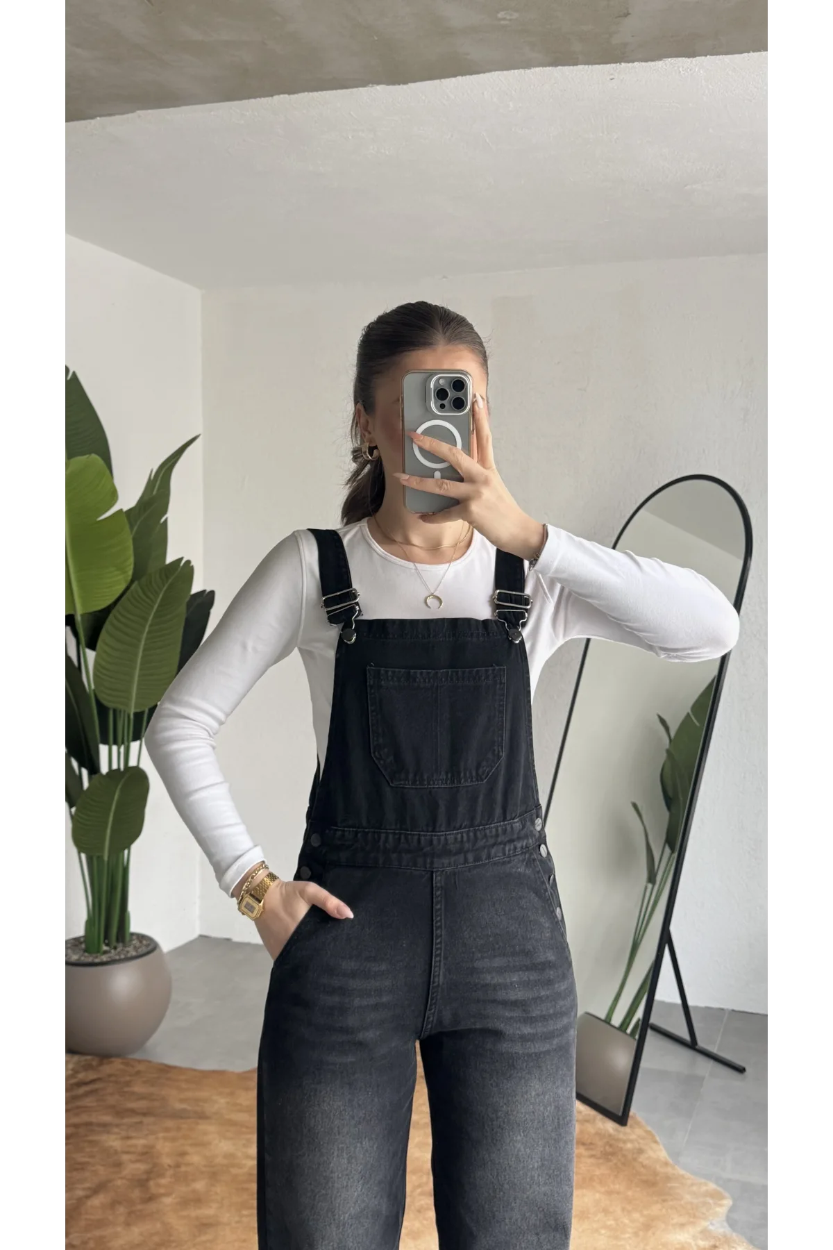 Kadın Siyah Yıkamalı Jean Tulum Askılı Denim Salopet Pantolon Günlük Rahat Şık Tulum