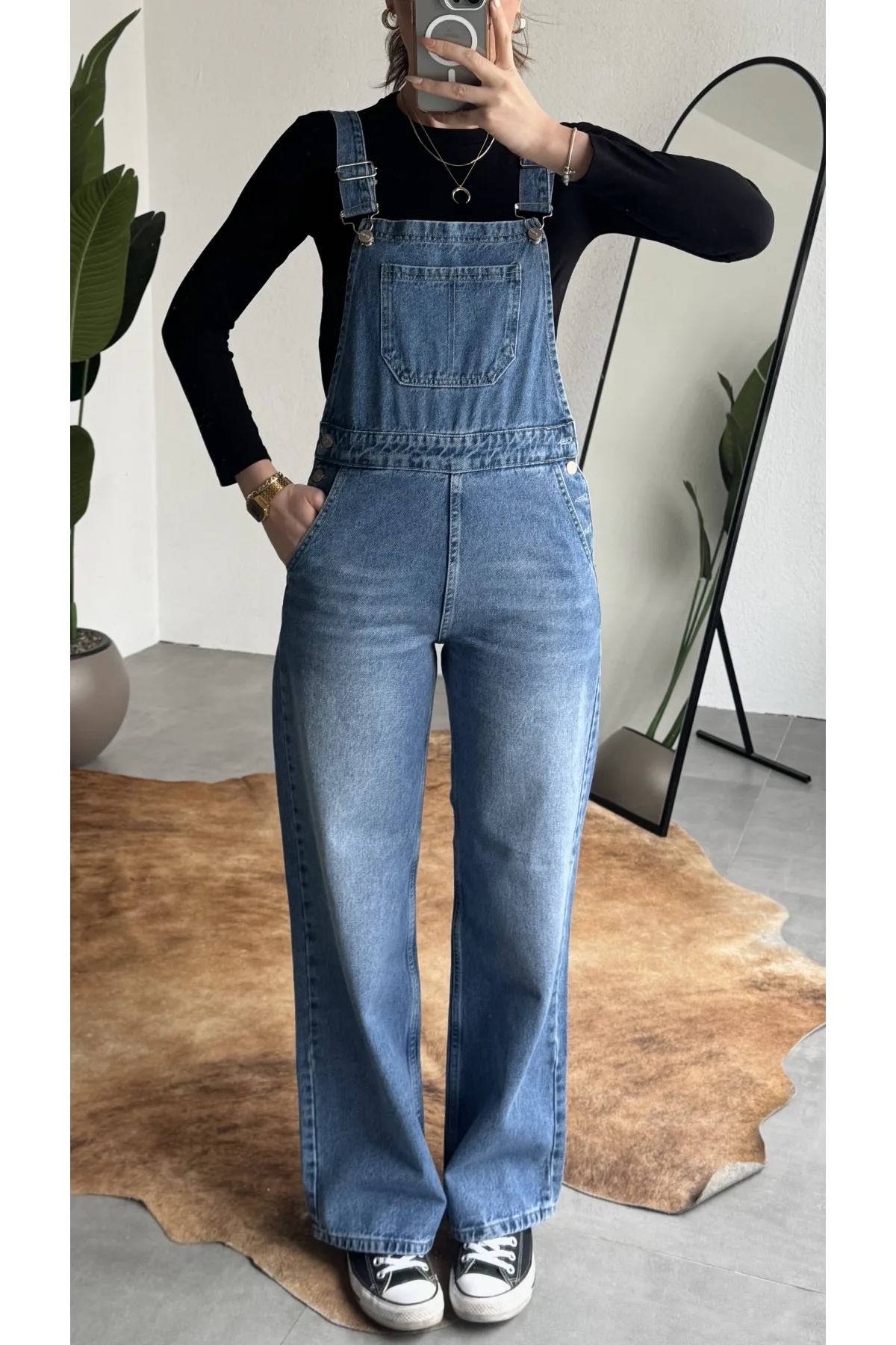 Kadın Mavi Yıkamalı Jean Tulum Askılı Denim Salopet Pantolon Günlük Rahat Şık Tulum