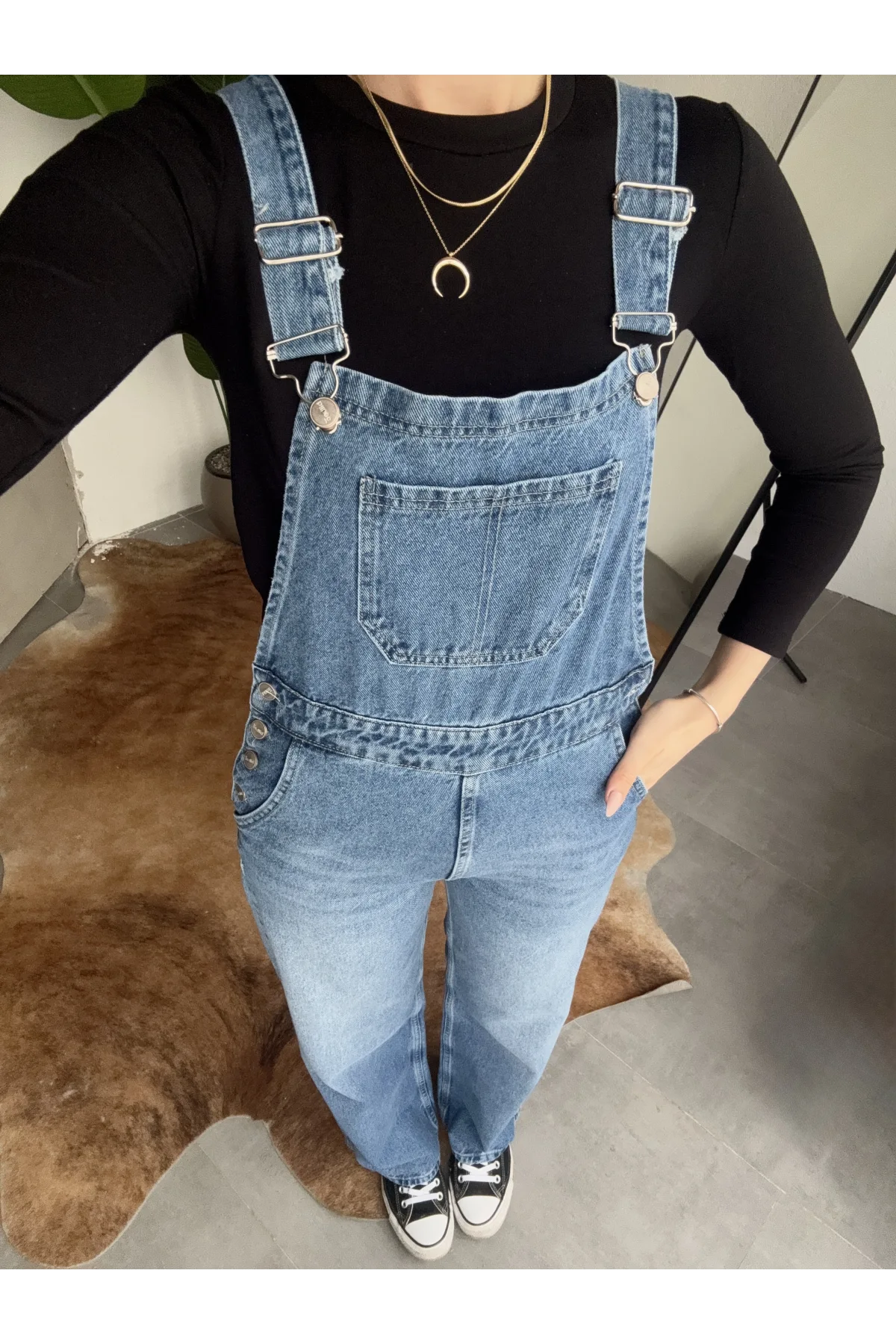 Kadın Mavi Yıkamalı Jean Tulum Askılı Denim Salopet Pantolon Günlük Rahat Şık Tulum