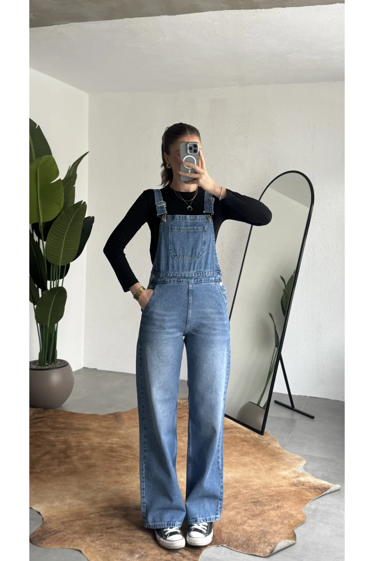 Kadın Mavi Yıkamalı Jean Tulum Askılı Denim Salopet Pantolon Günlük Rahat Şık Tulum