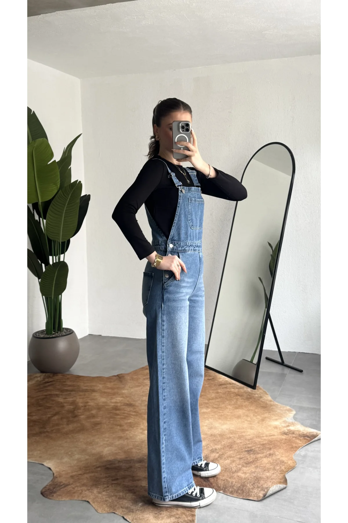 Kadın Mavi Yıkamalı Jean Tulum Askılı Denim Salopet Pantolon Günlük Rahat Şık Tulum