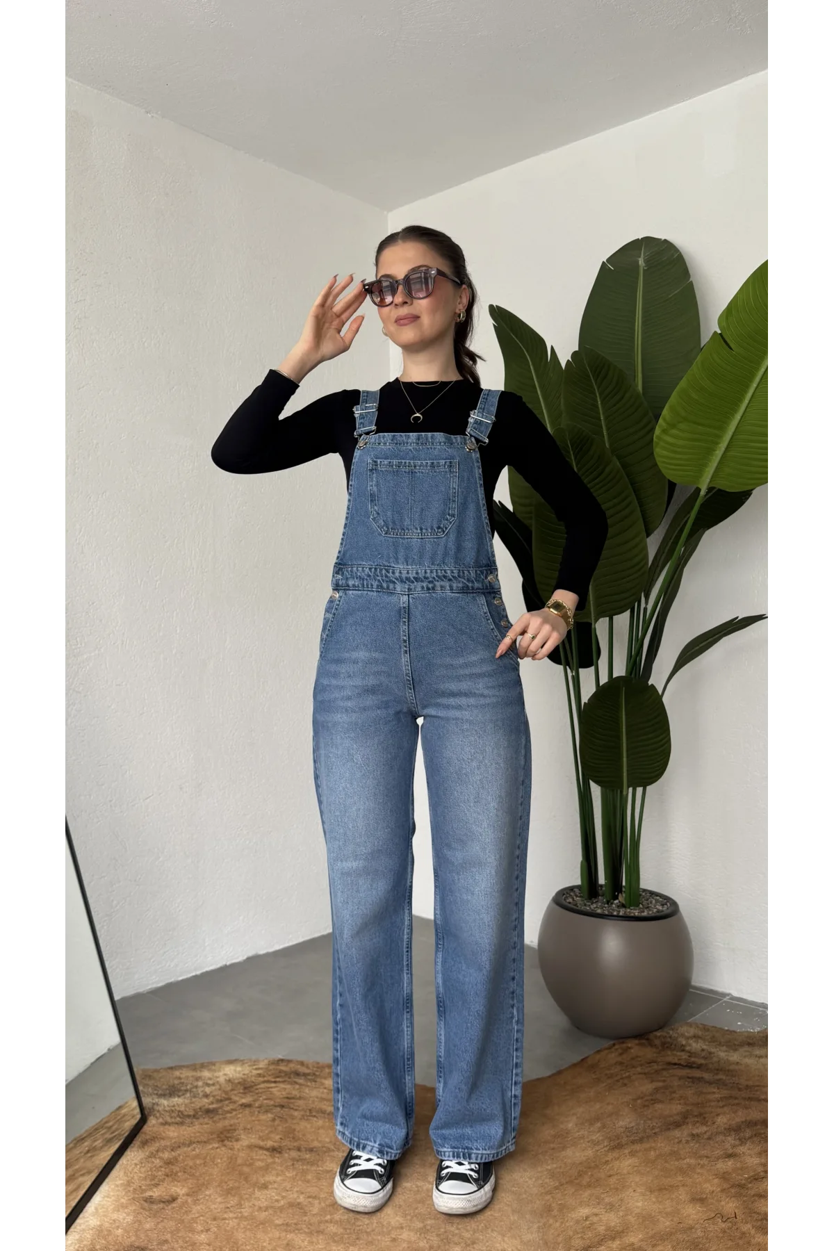 Kadın Mavi Yıkamalı Jean Tulum Askılı Denim Salopet Pantolon Günlük Rahat Şık Tulum