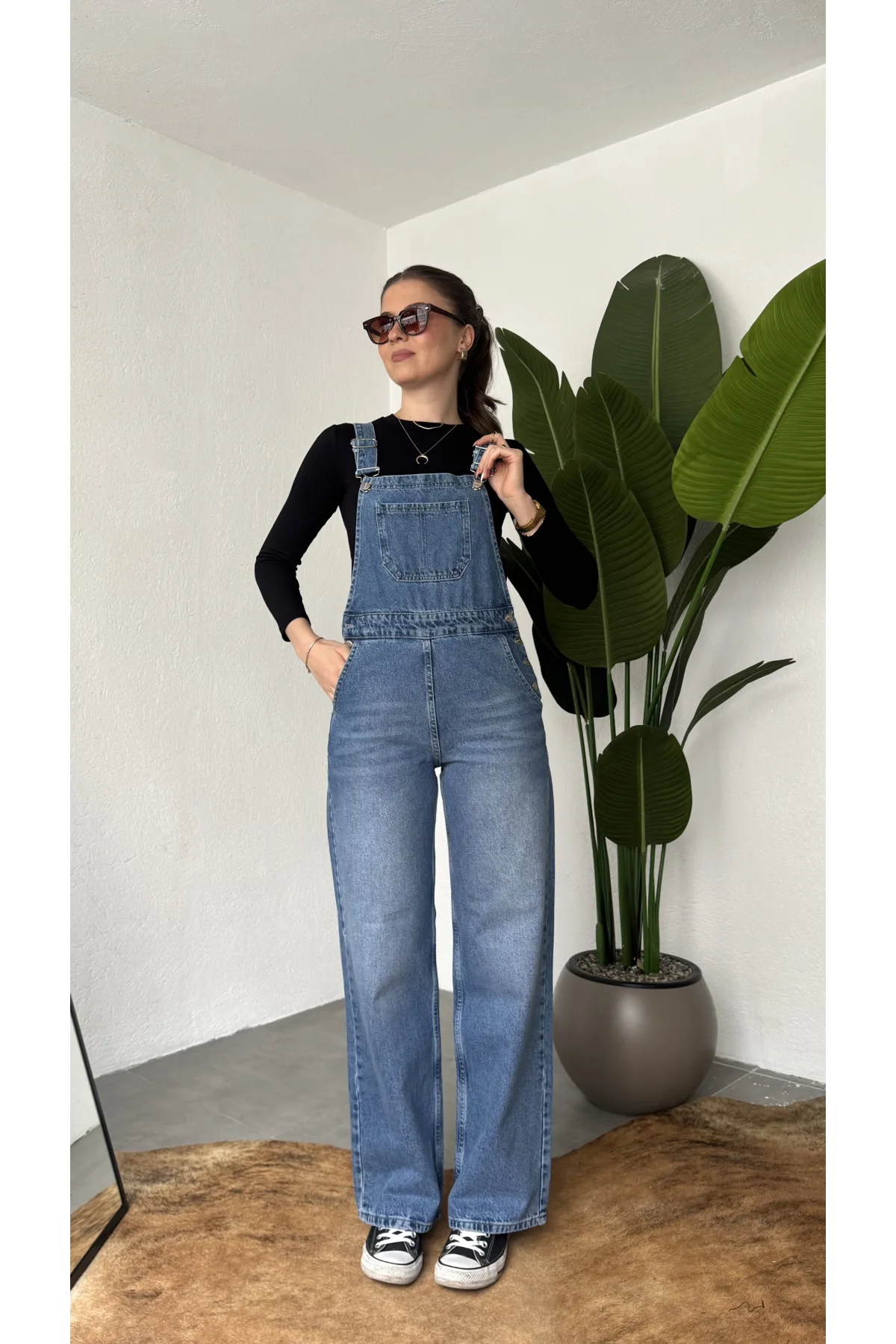 Kadın Mavi Yıkamalı Jean Tulum Askılı Denim Salopet Pantolon Günlük Rahat Şık Tulum