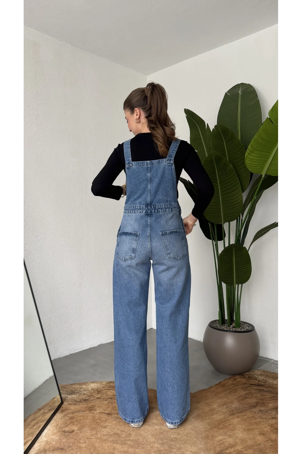 Kadın Mavi Yıkamalı Jean Tulum Askılı Denim Salopet Pantolon Günlük Rahat Şık Tulum